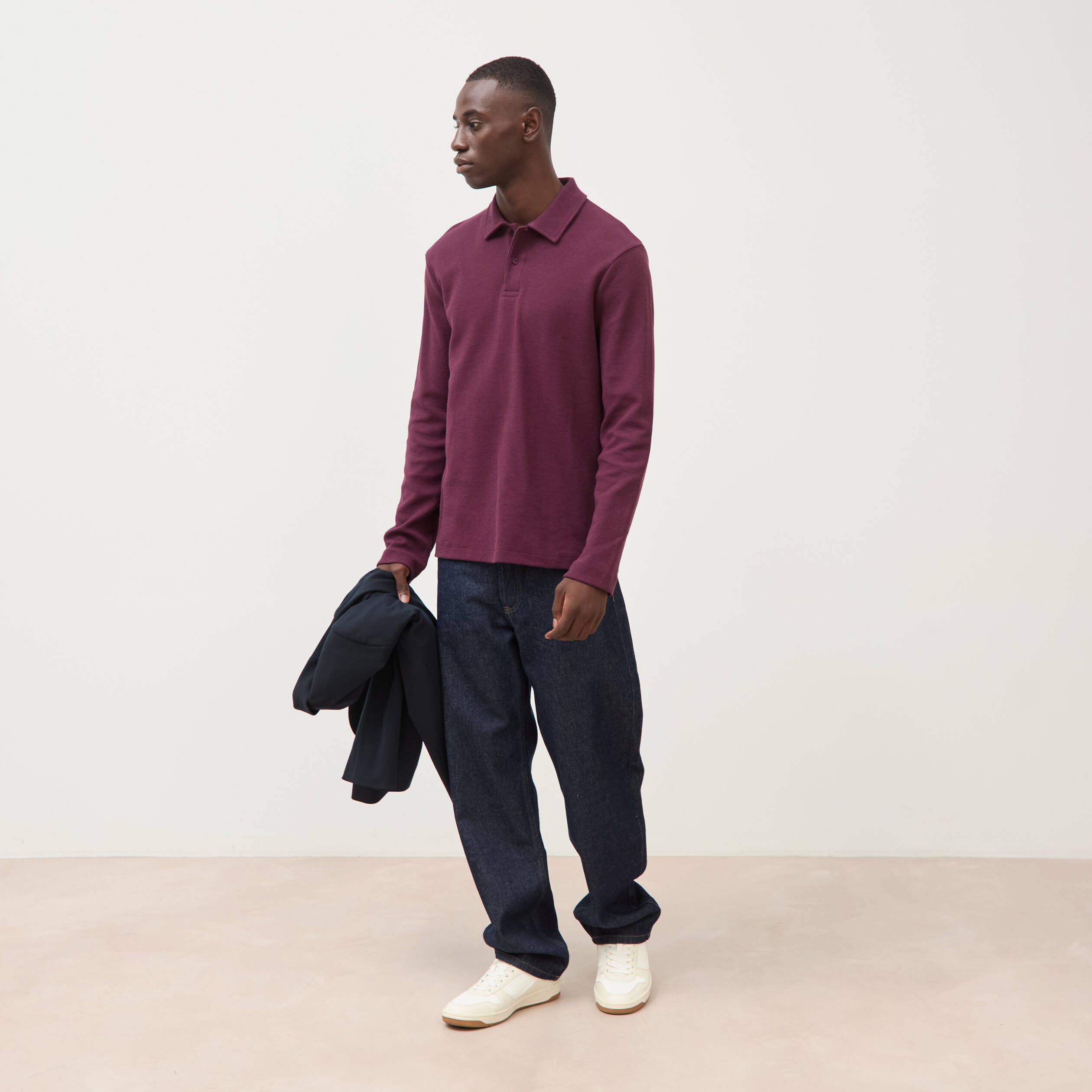 Polo droit manches longues en coton prune homme