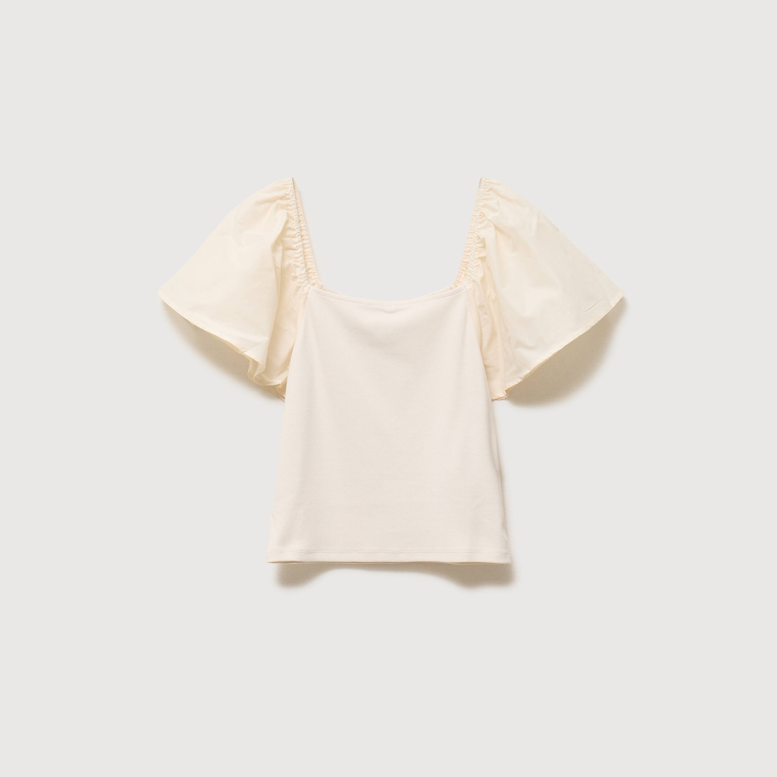 T-shirt bi-mati&egrave;re ajust&eacute; d&eacute;collet&eacute; ecru femme