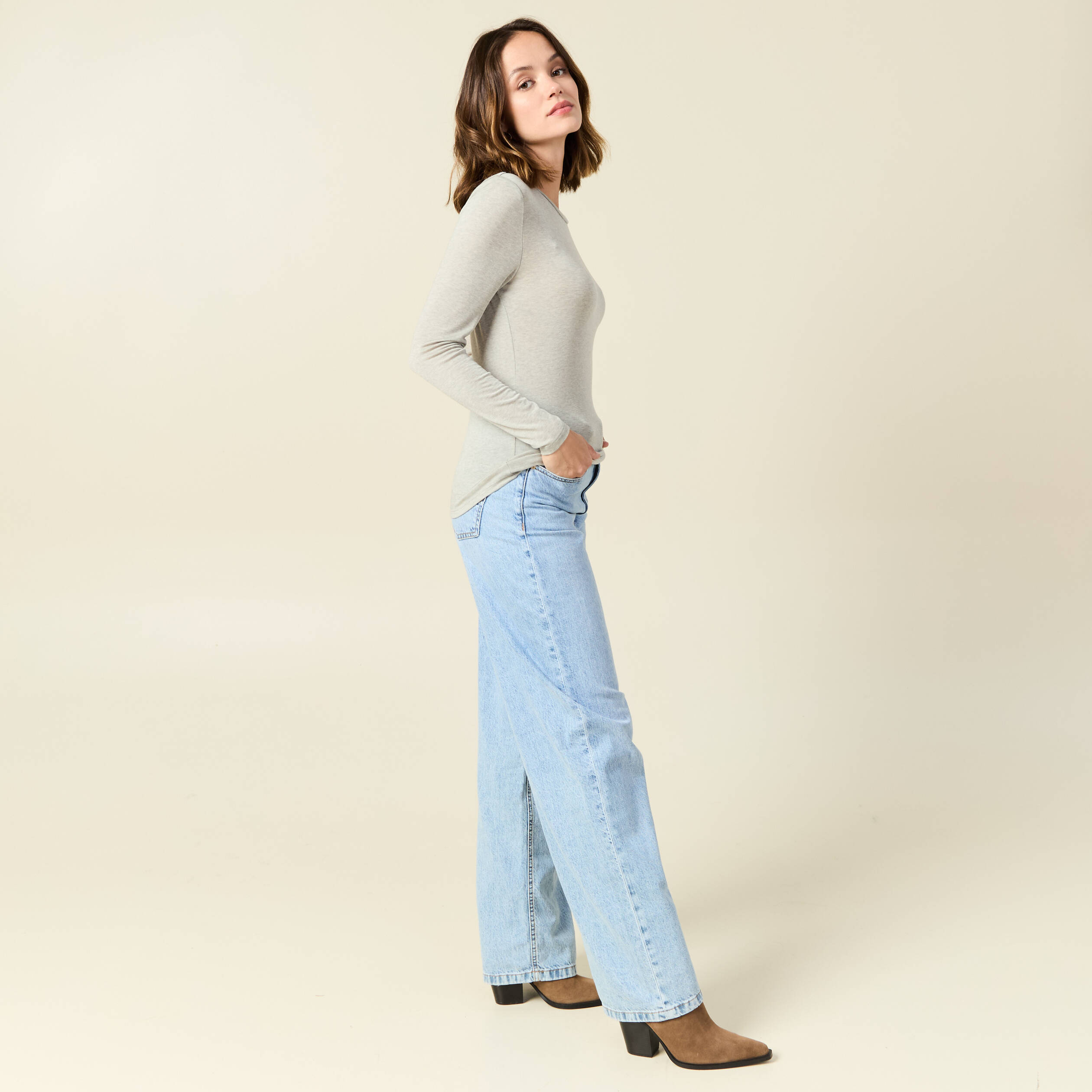 t shirt manches longues avec laine gris clair femme T-shirt manches longues avec laine gris clair femme