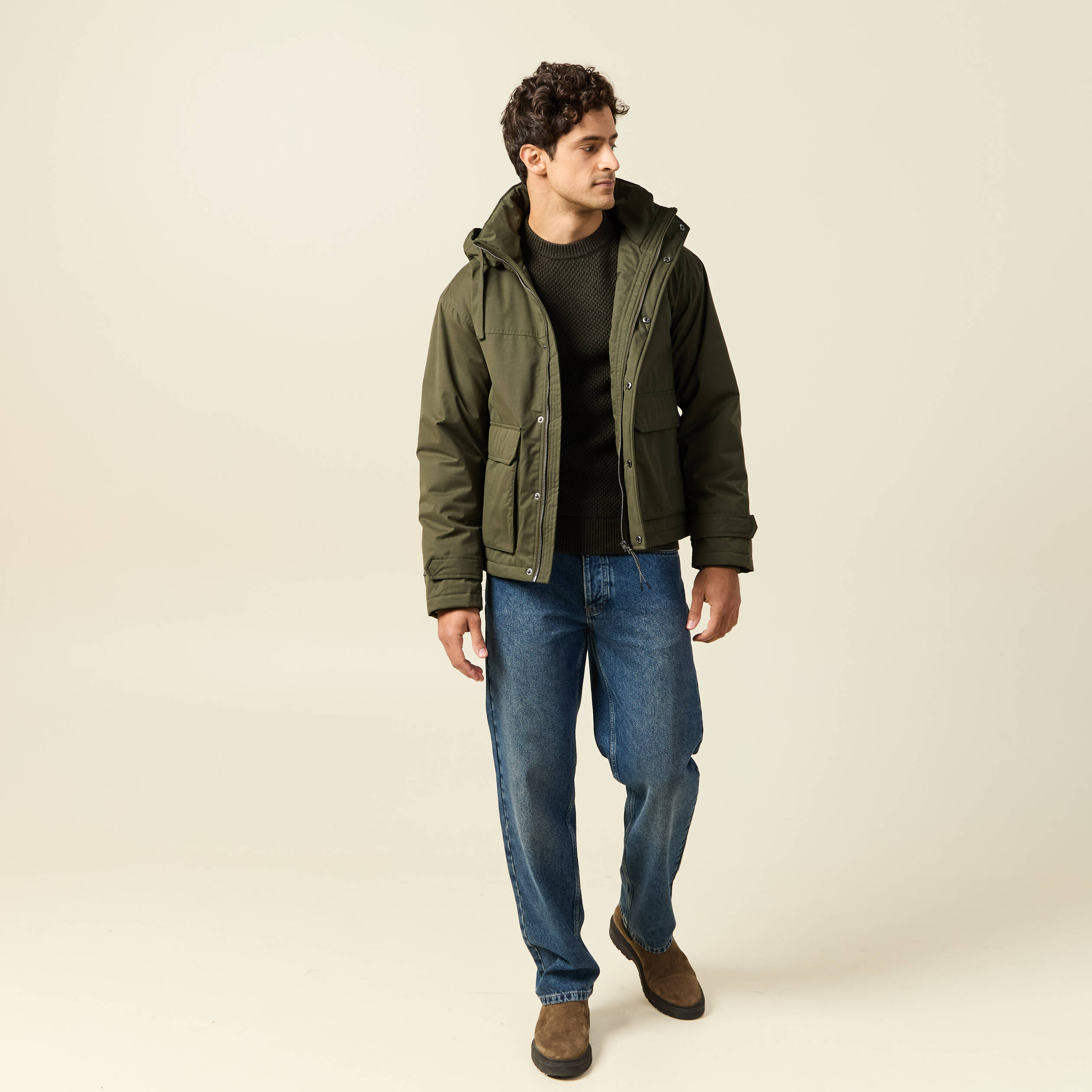 Parka droite courte &agrave; capuche vert kaki homme