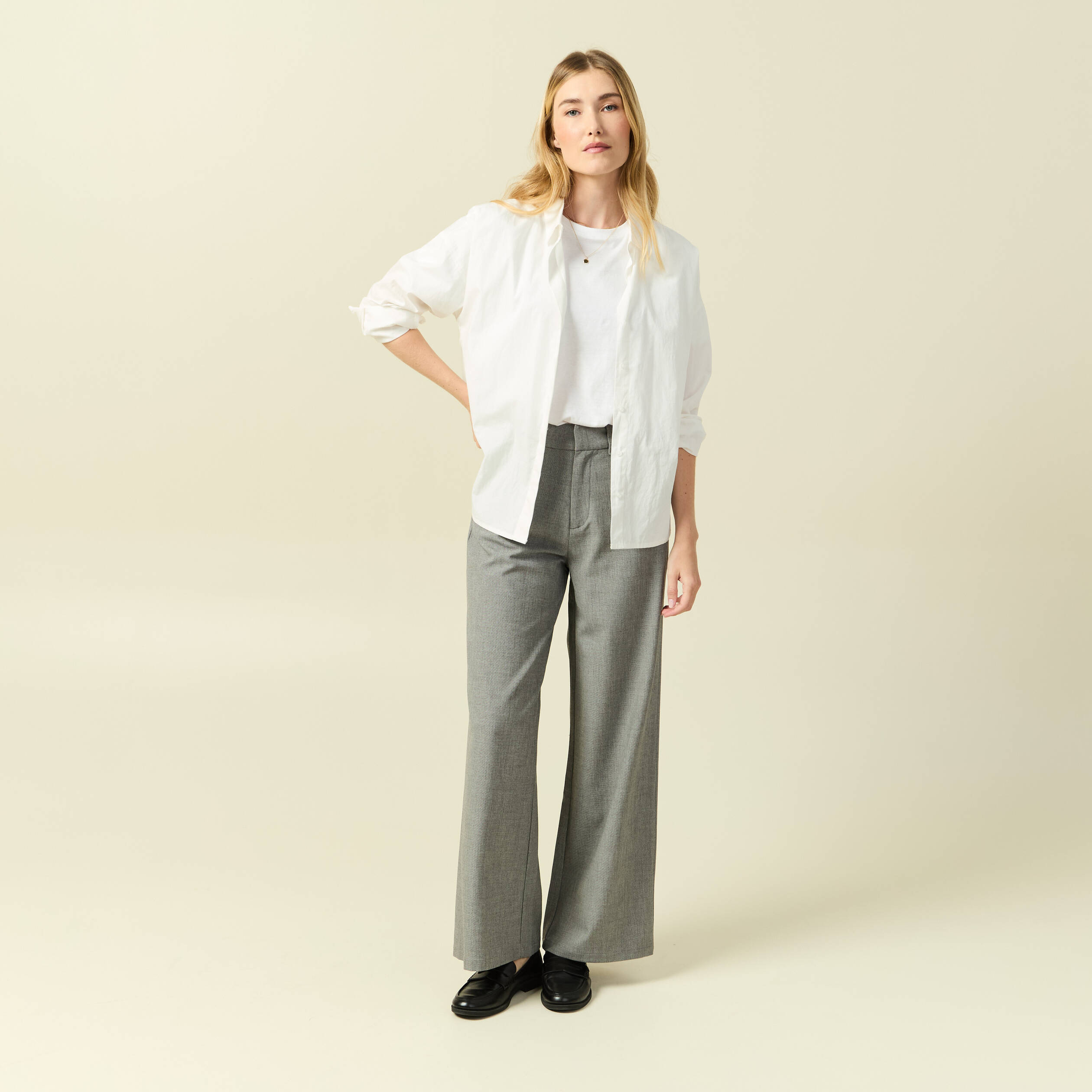 Pantalon large taille haute fluide gris femme