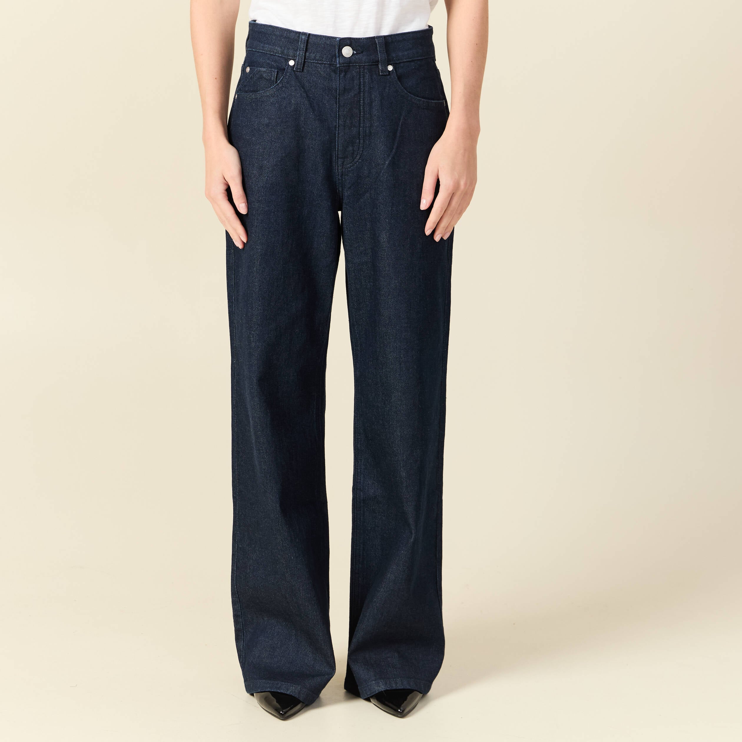 Jeans large taille haute denim brut rinse femme