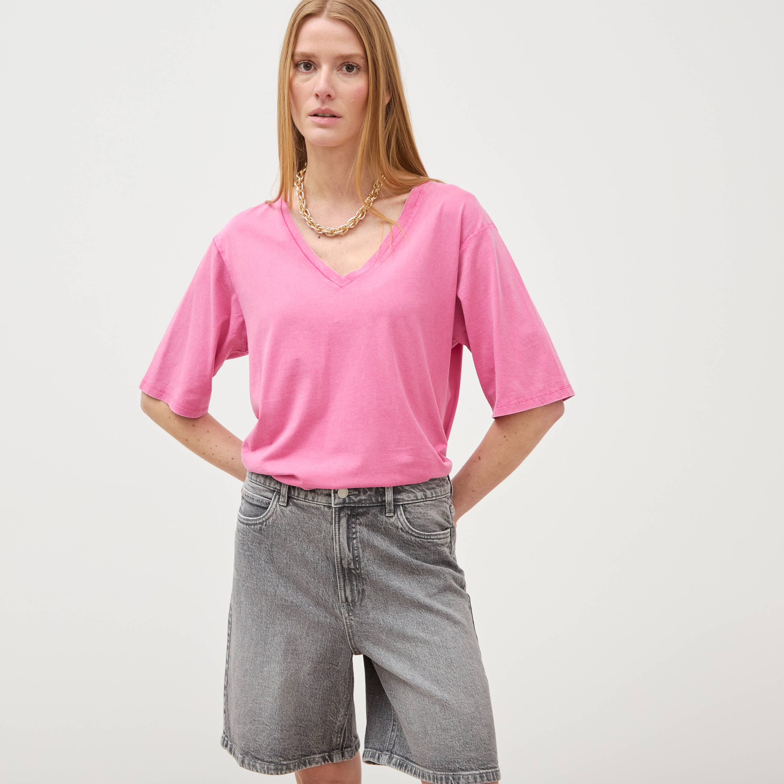 Bermuda jeans large taille haute denim snow gris femme