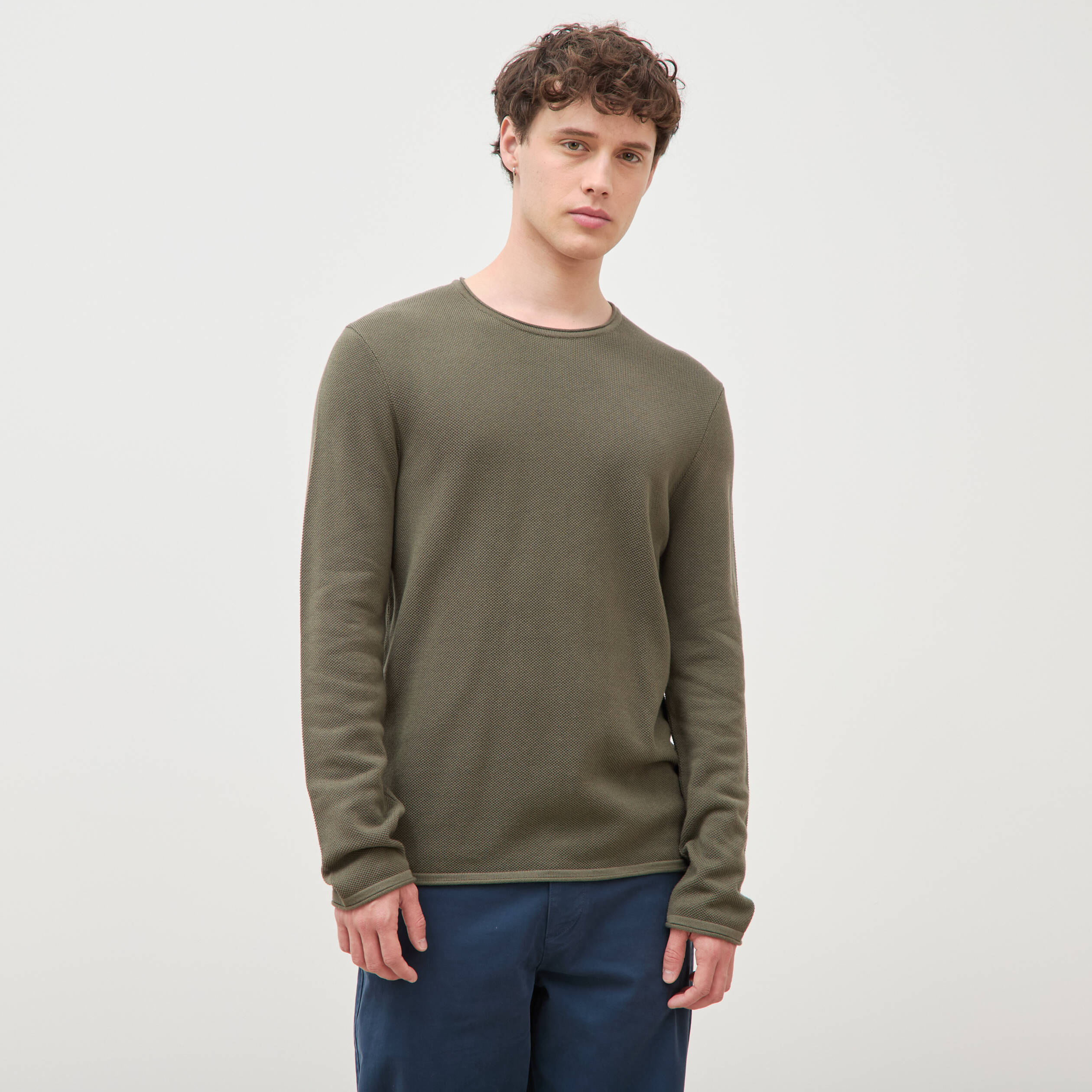 Pull col rond manches longues taupe homme