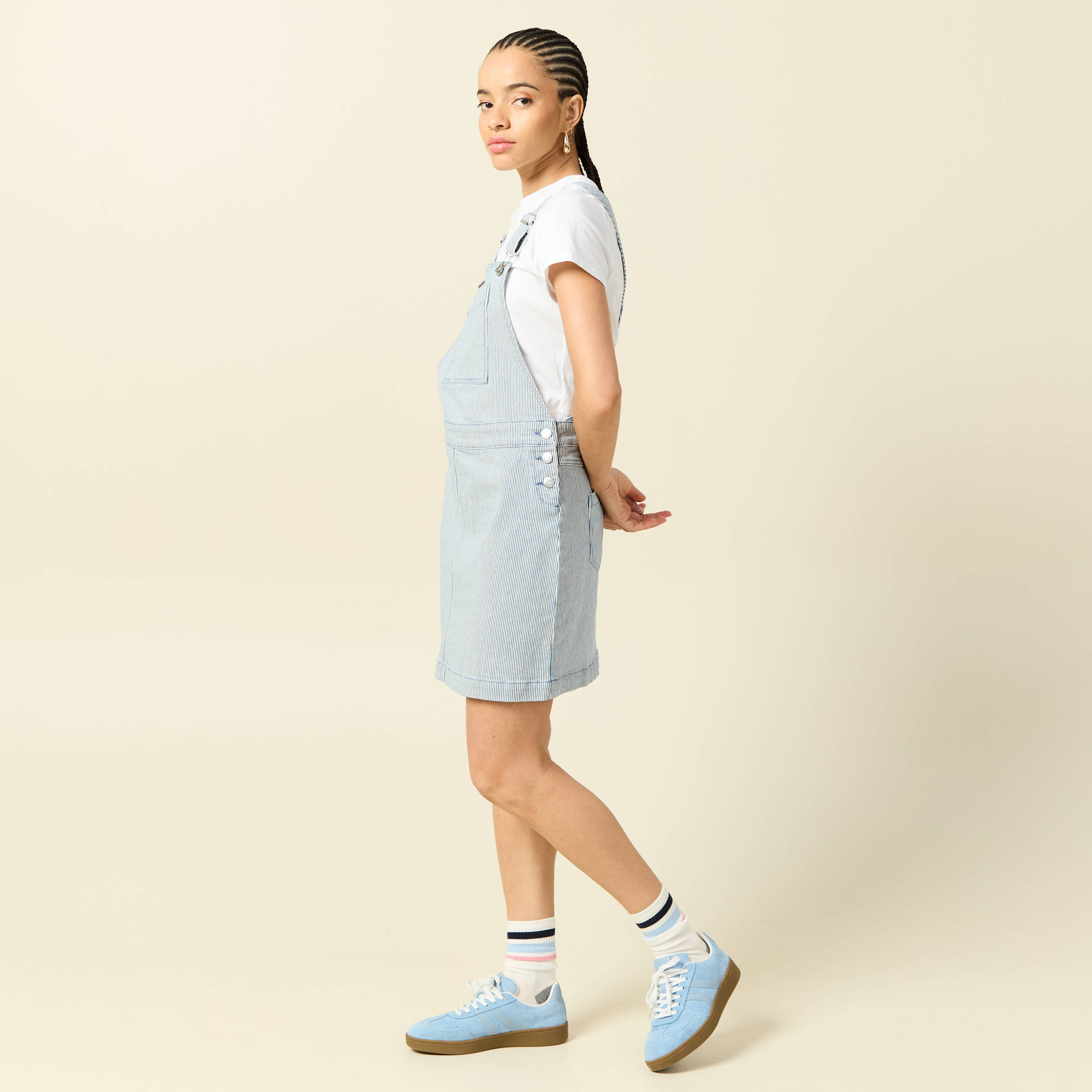 Robe en jeans &agrave; bretelles col carr&eacute; bleu marine femme