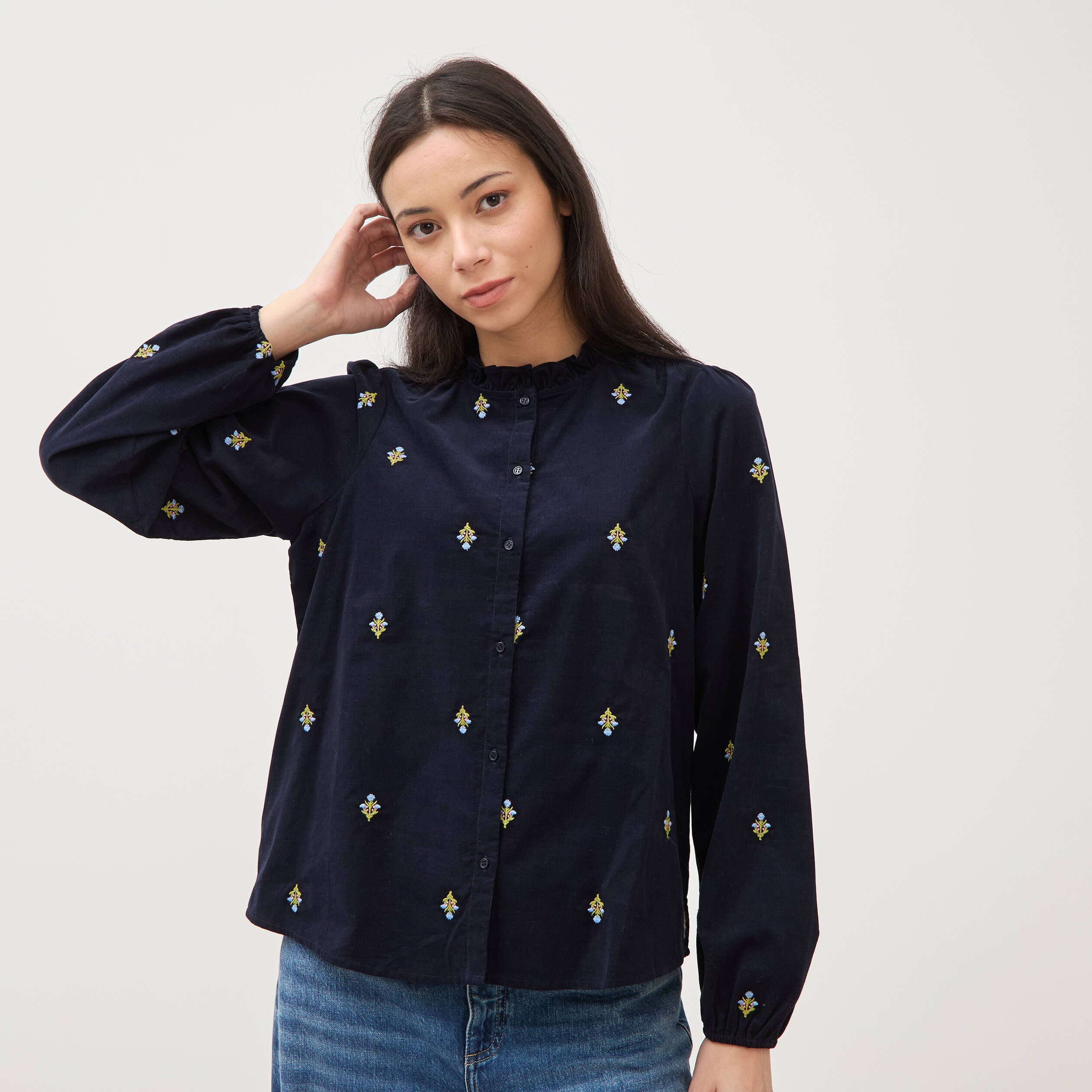 Chemise en coton avec broderie bleu marine femme