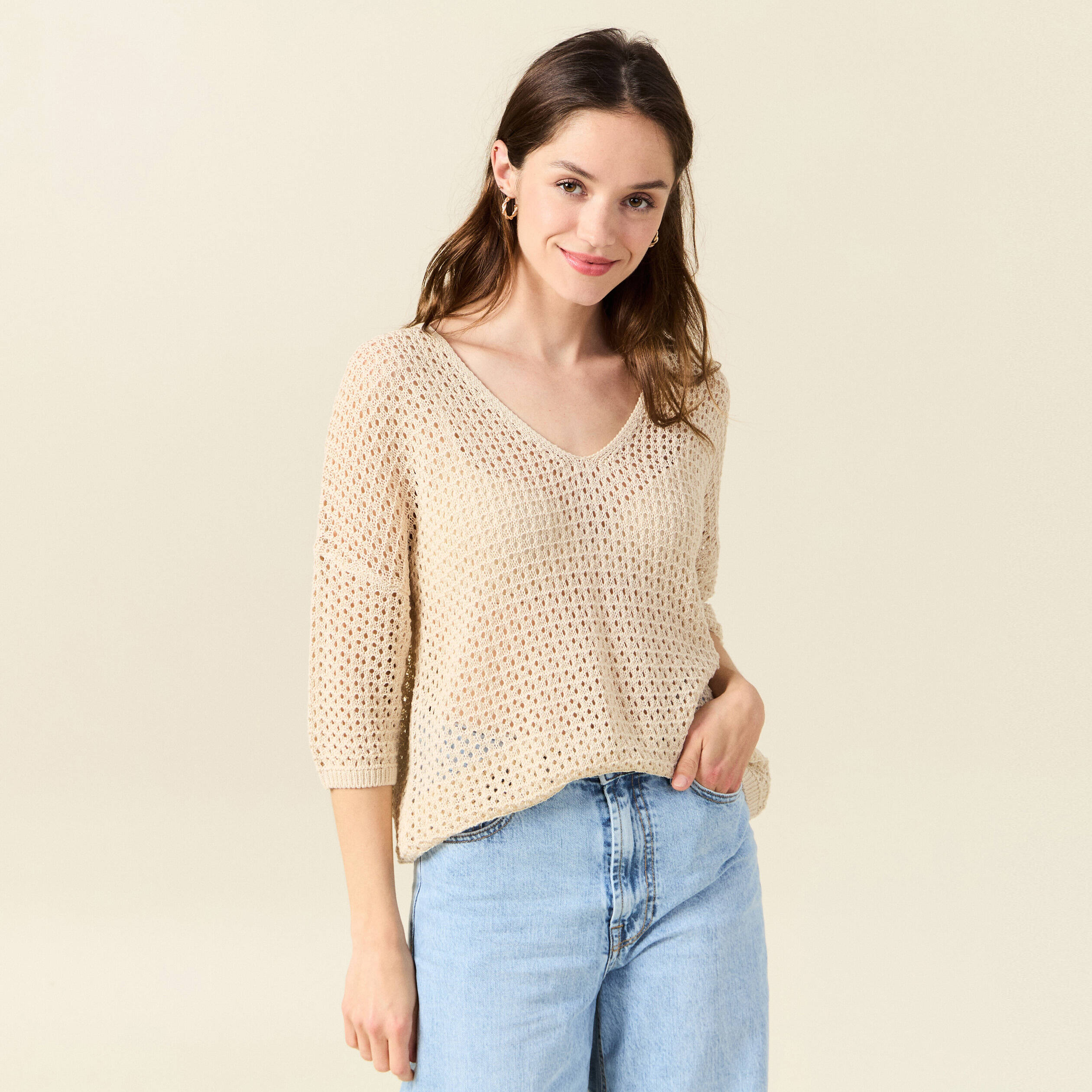 pull col en v eco responsable creme femme Pull col en V éco-responsable creme femme