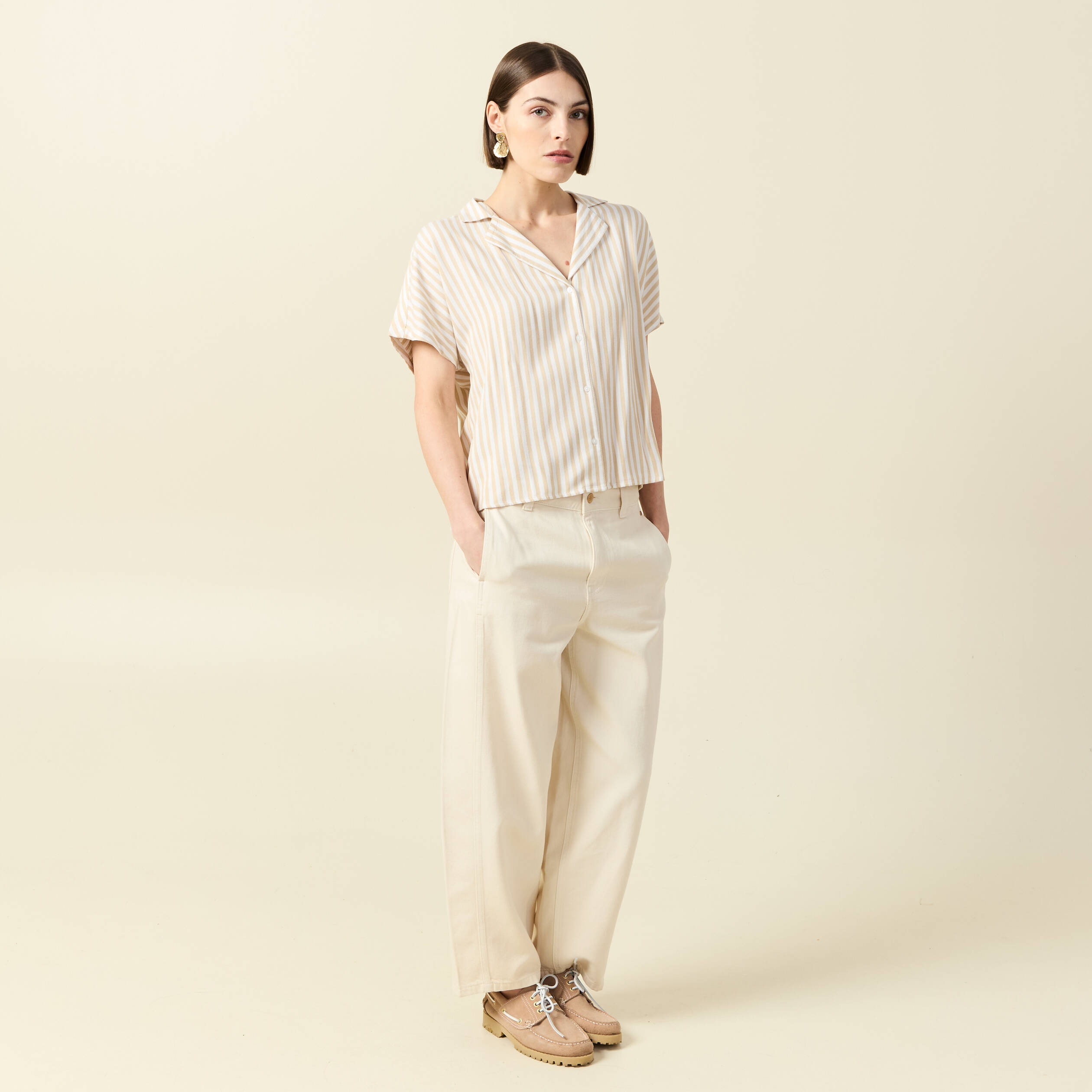 Chemise manches 3/4 beige moyen femme