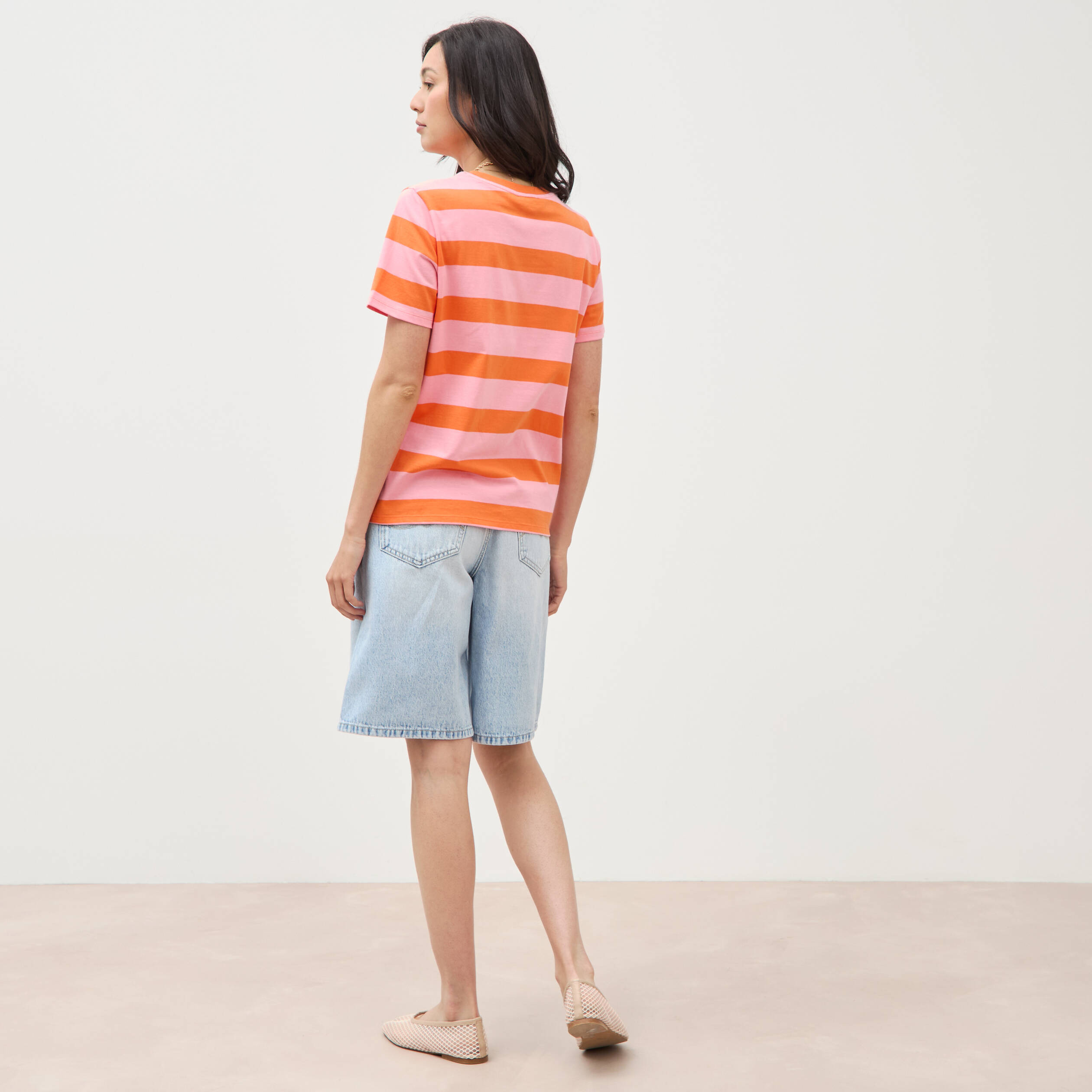 T-shirt ray&eacute; col rond manches courtes orange femme