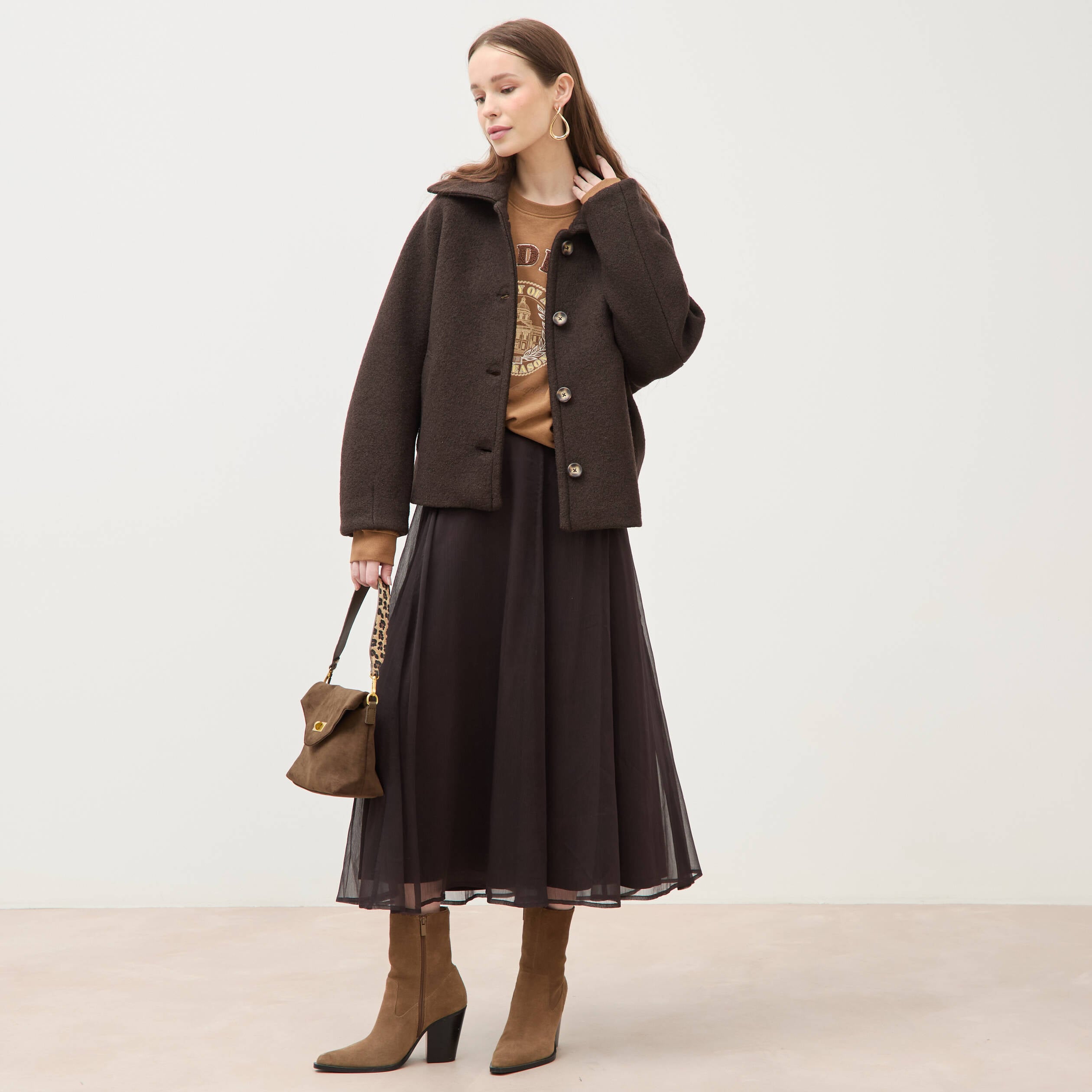 Manteau oversize court col tailleur marron fonc&eacute; femme