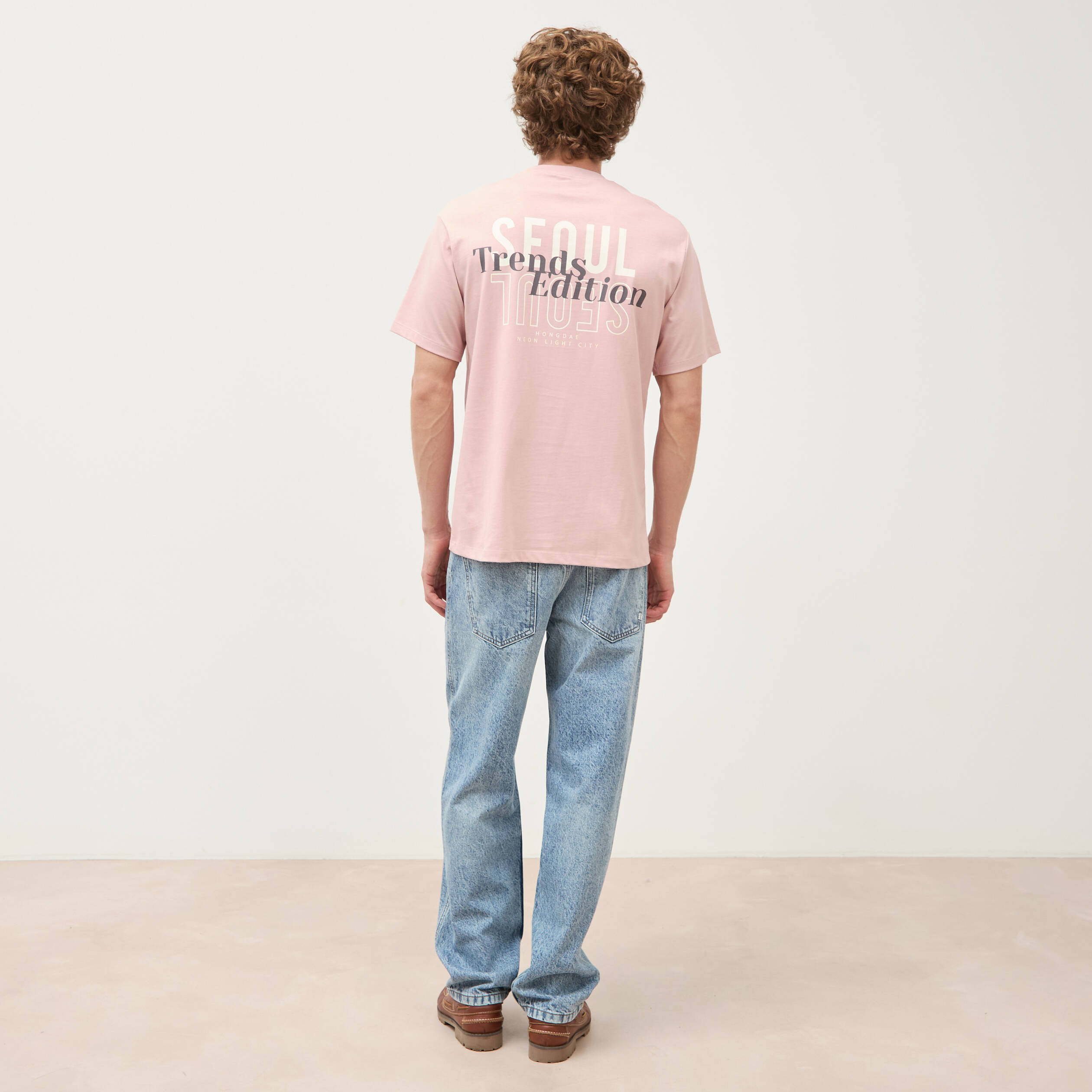 T-shirt droit en coton col ras du cou rose pastel homme