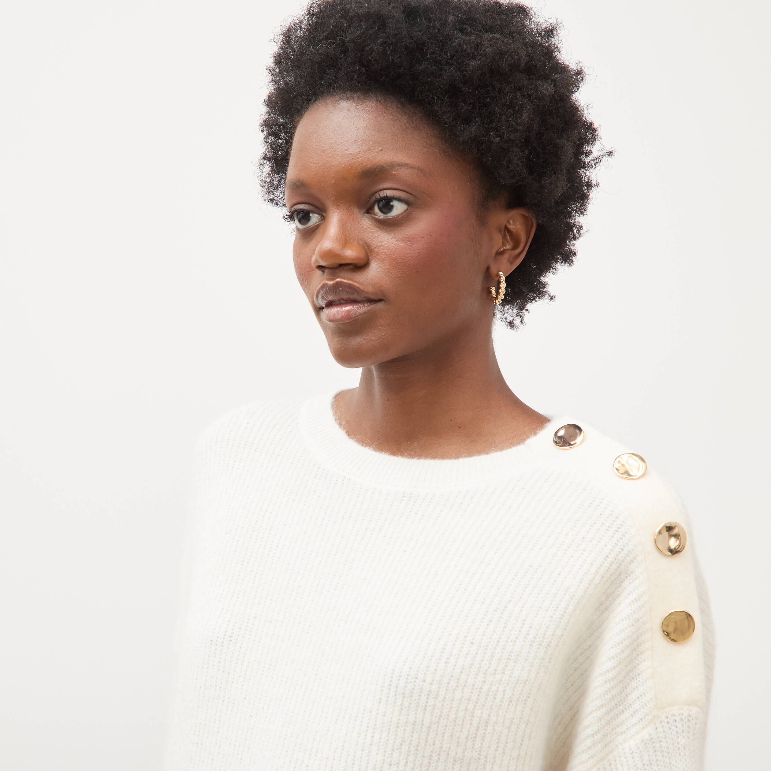 Pull droit col rond manches longues ecru femme