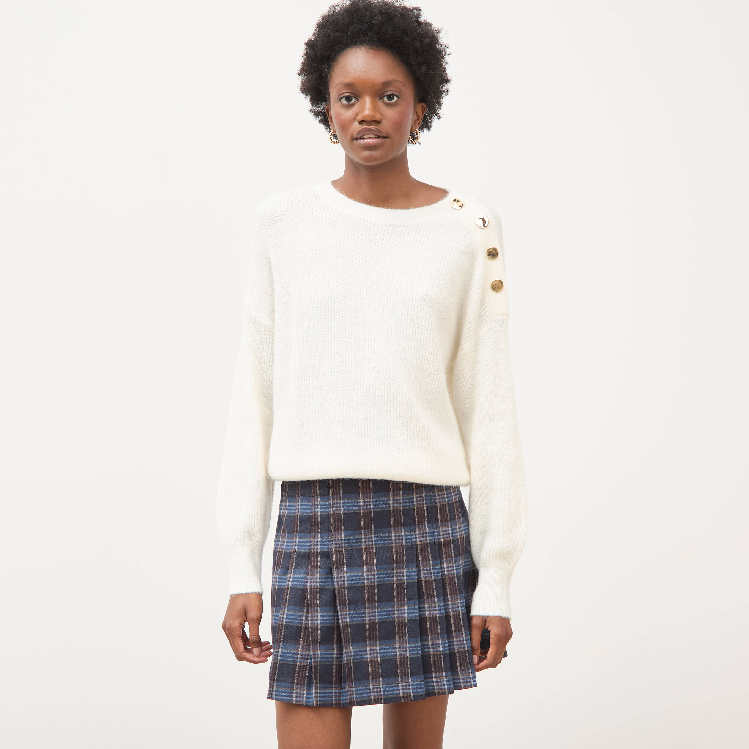 Pull droit col rond manches longues ecru femme