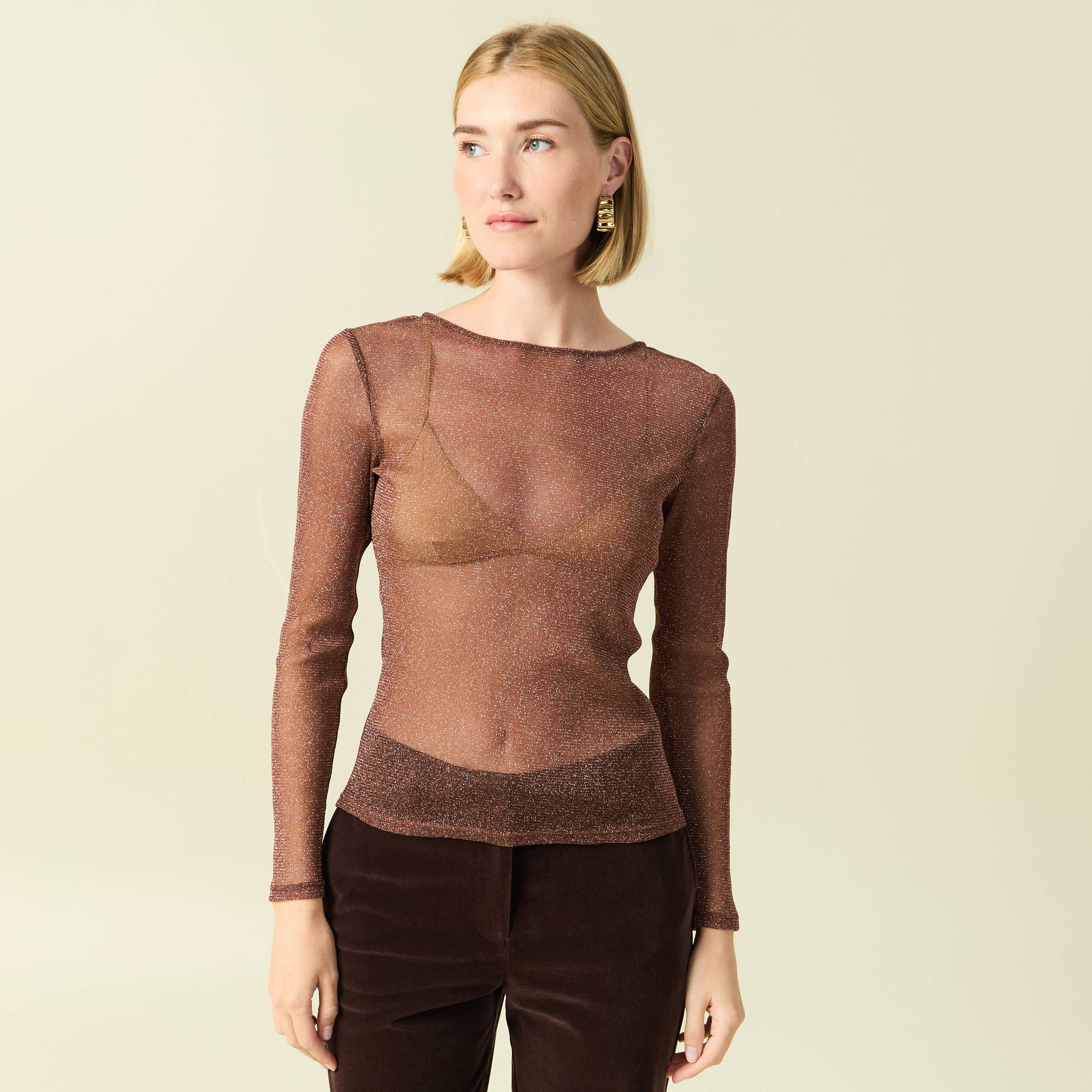 T-shirt manches longues col rond marron femme