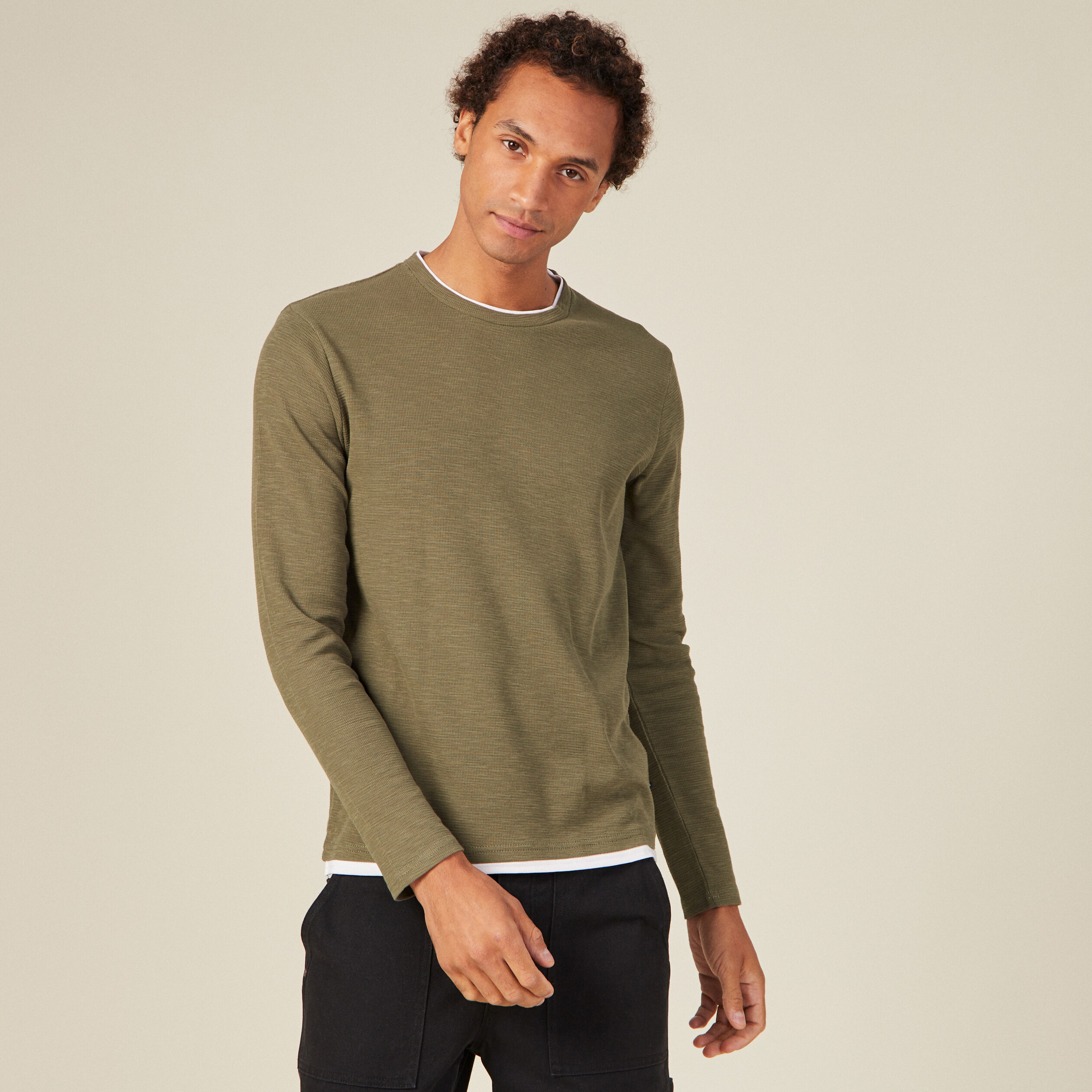 T-shirt manches longues vert kaki homme