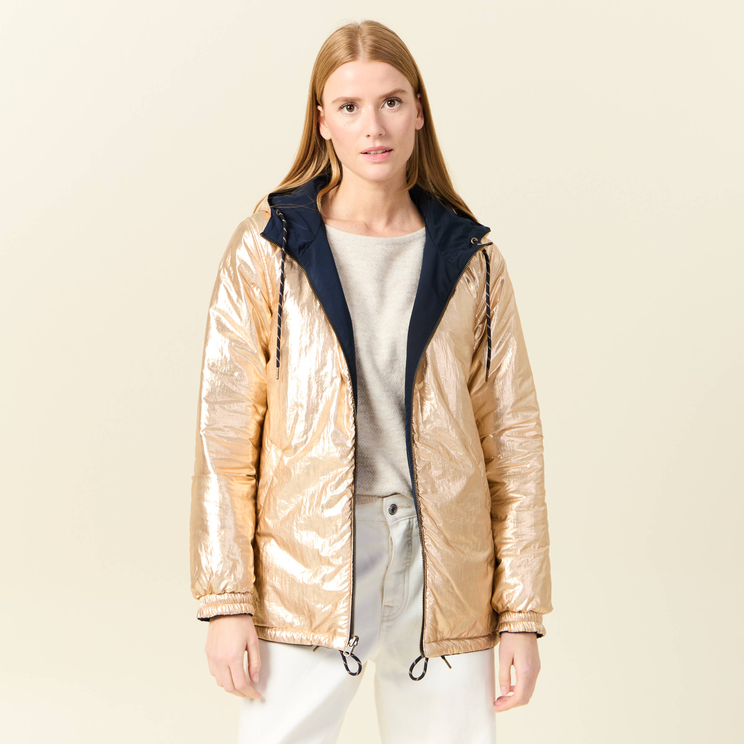 Parka r&eacute;versible &agrave; capuche bleu marine femme