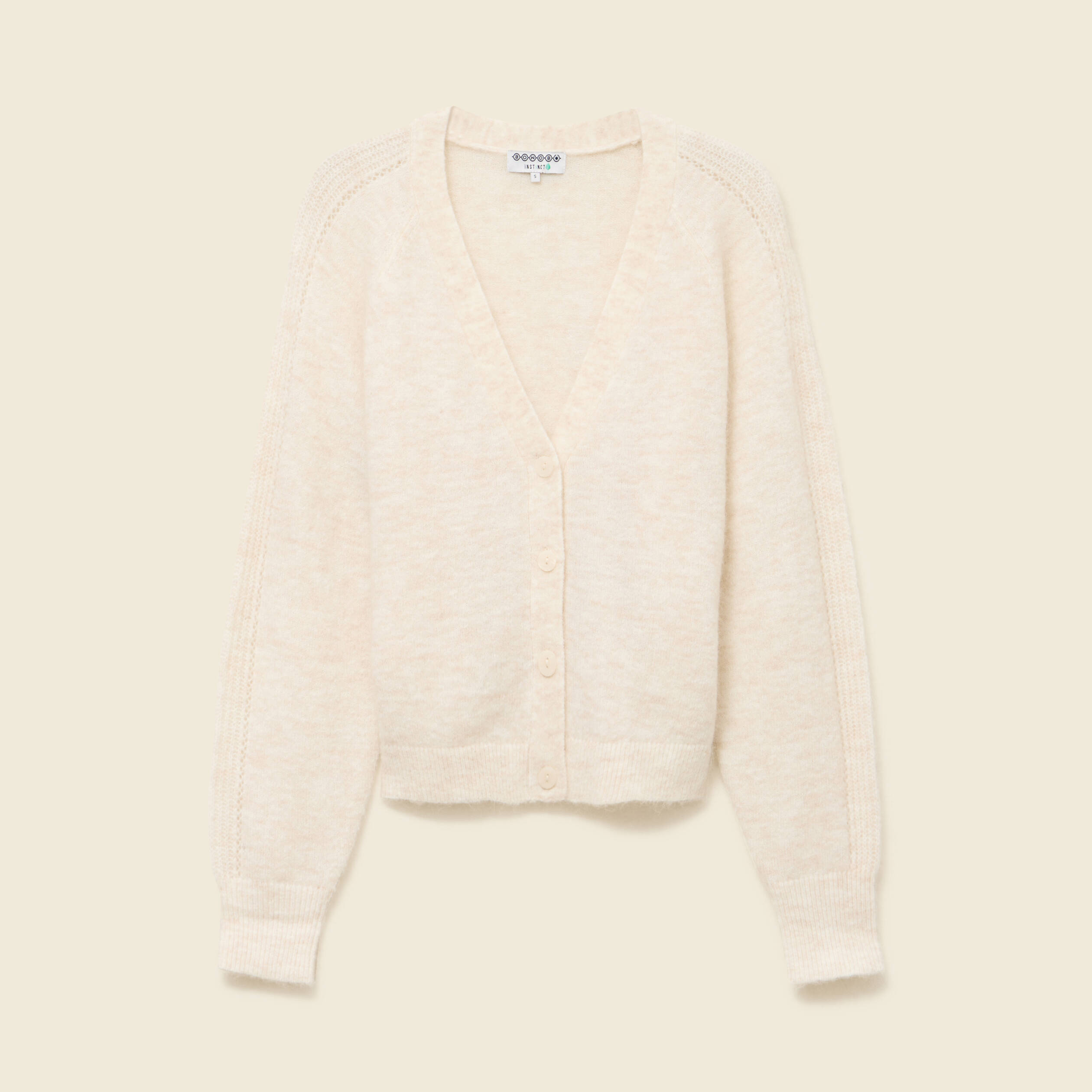 Gilet ajour&eacute; col V manches longues creme femme