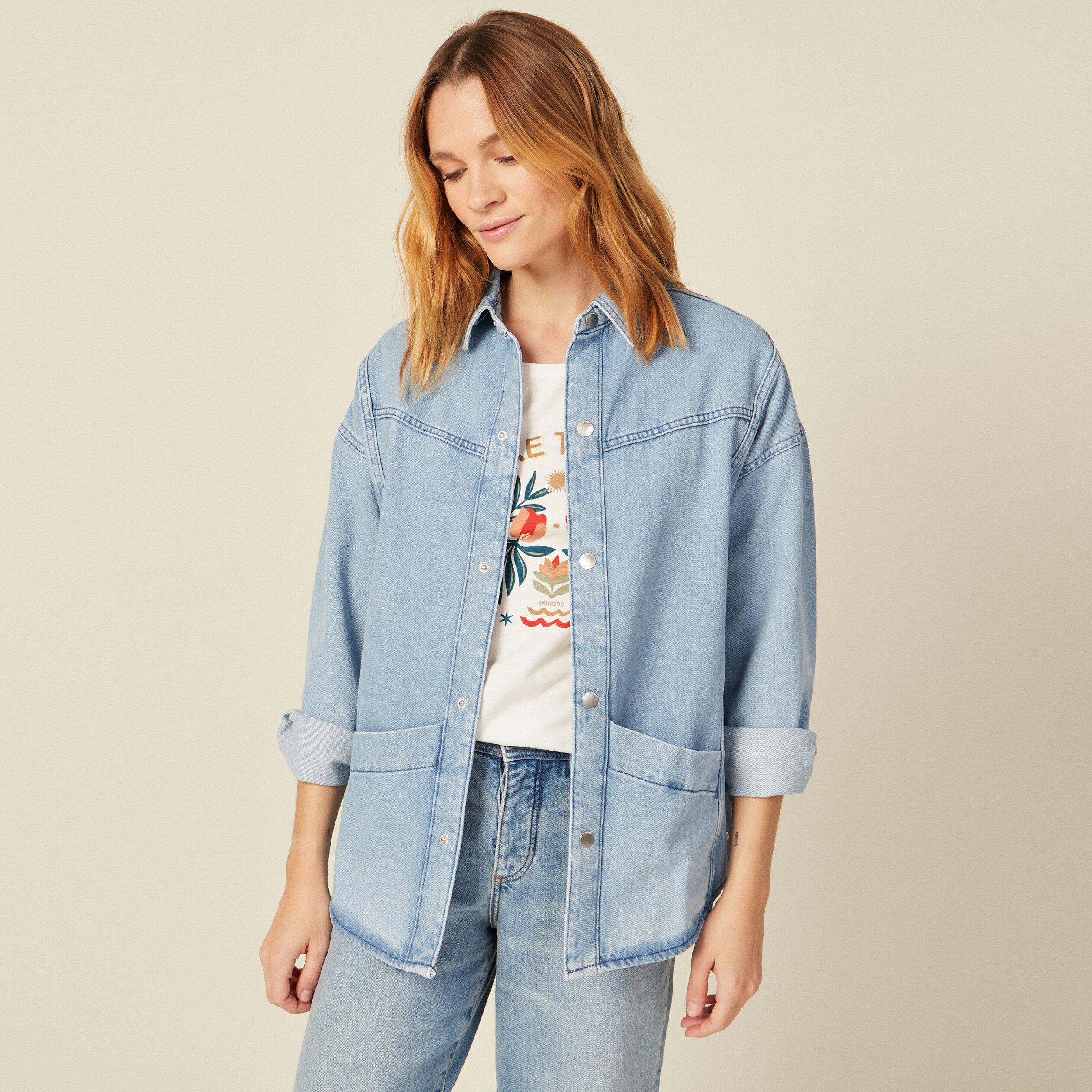 Veste workwear manches 3/4 denim stone femme