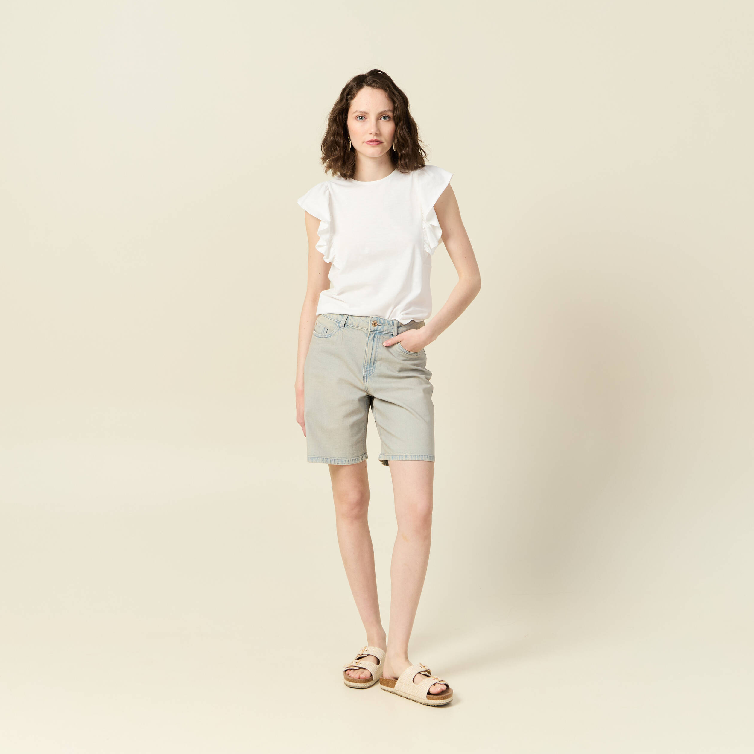 bermuda droit en jean bleu ciel femme Bermuda droit en jean bleu ciel femme