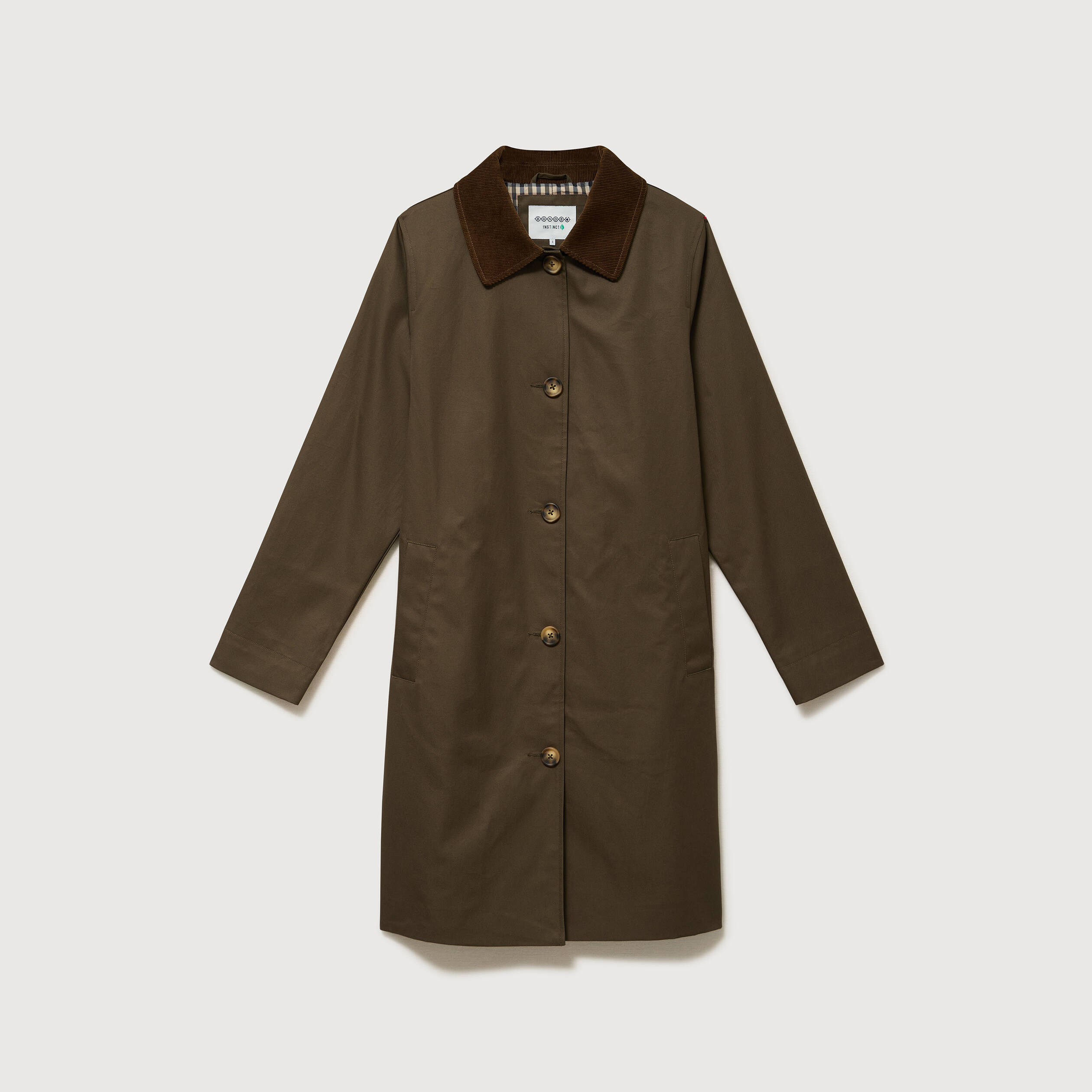 Trench droit long en coton doubl&eacute; vert kaki femme