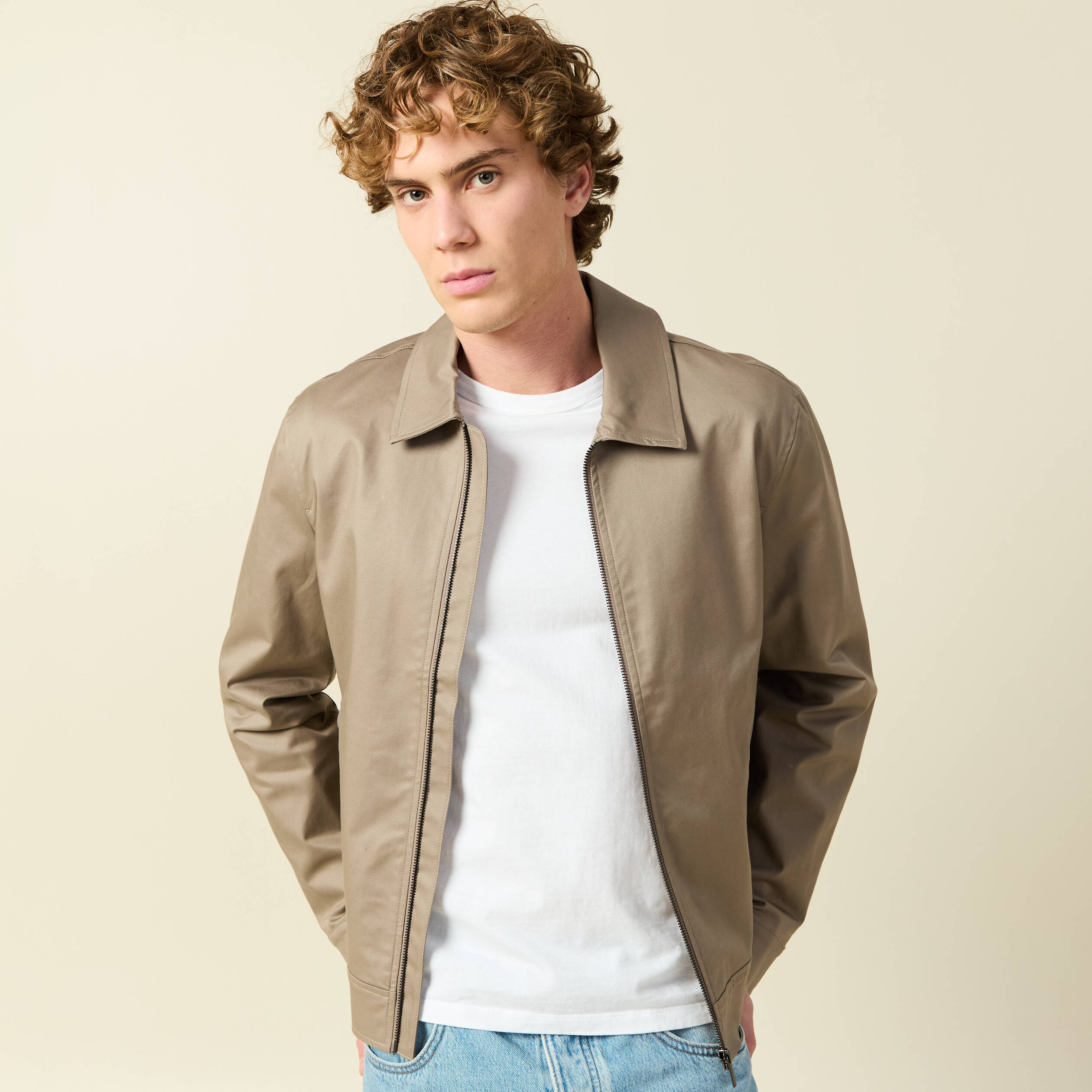 Blouson manches longues doubl&eacute; taupe homme