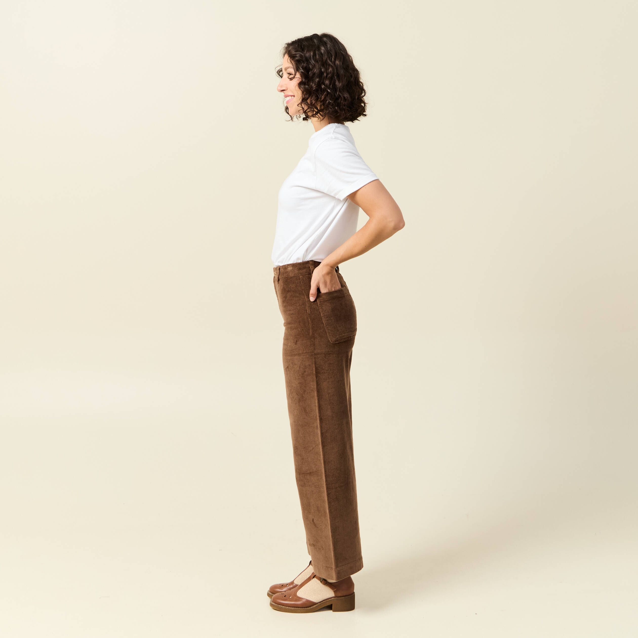 Pantalon large taille haute en velours vieux rose femme
