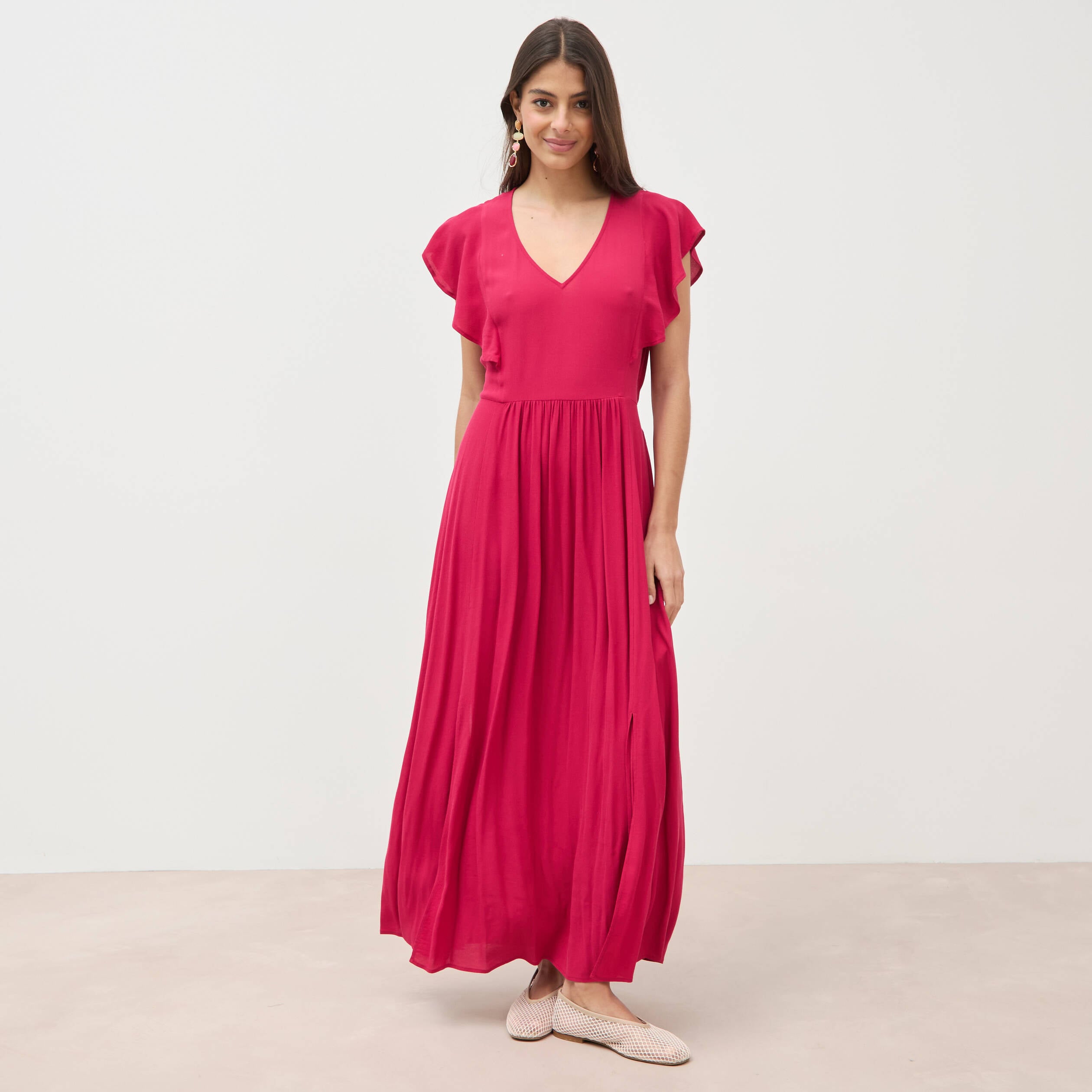 Robe fluide col v manches courtes rouge clair femme