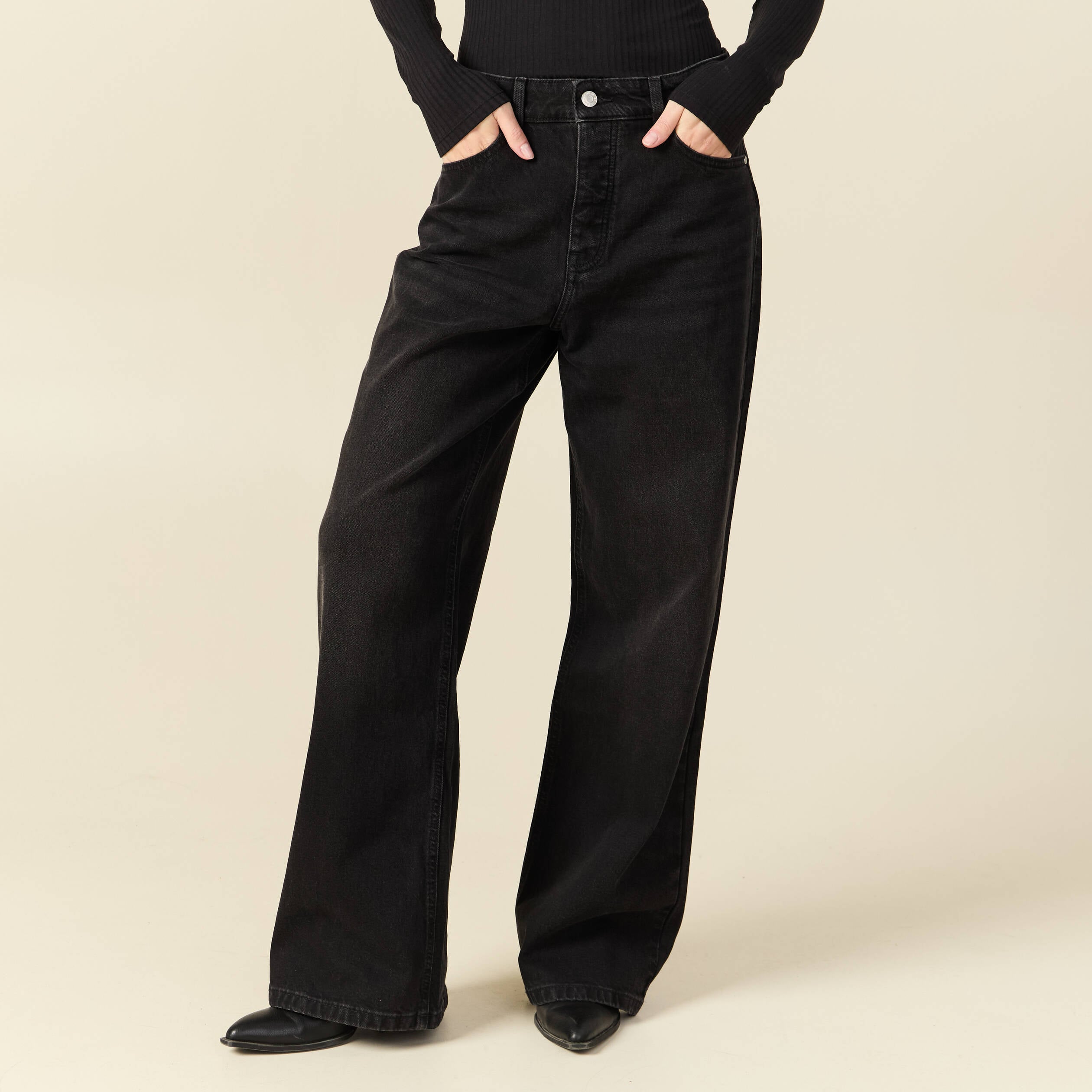 Jeans large taille haute denim noir femme