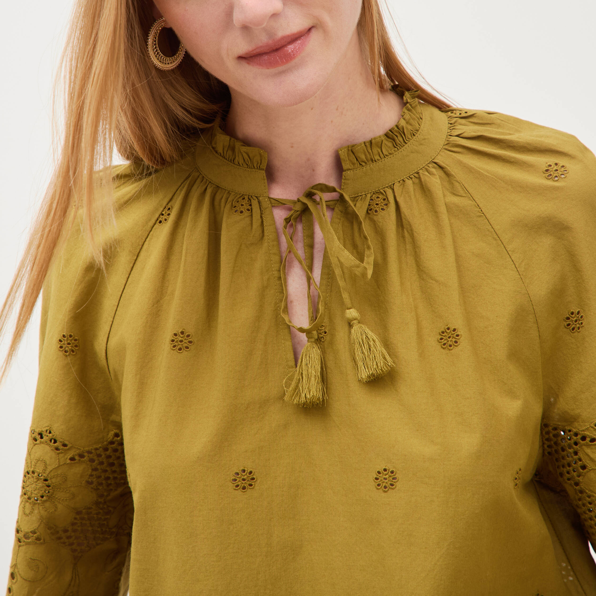 Blouse en coton manches courtes dentelle vert kaki femme