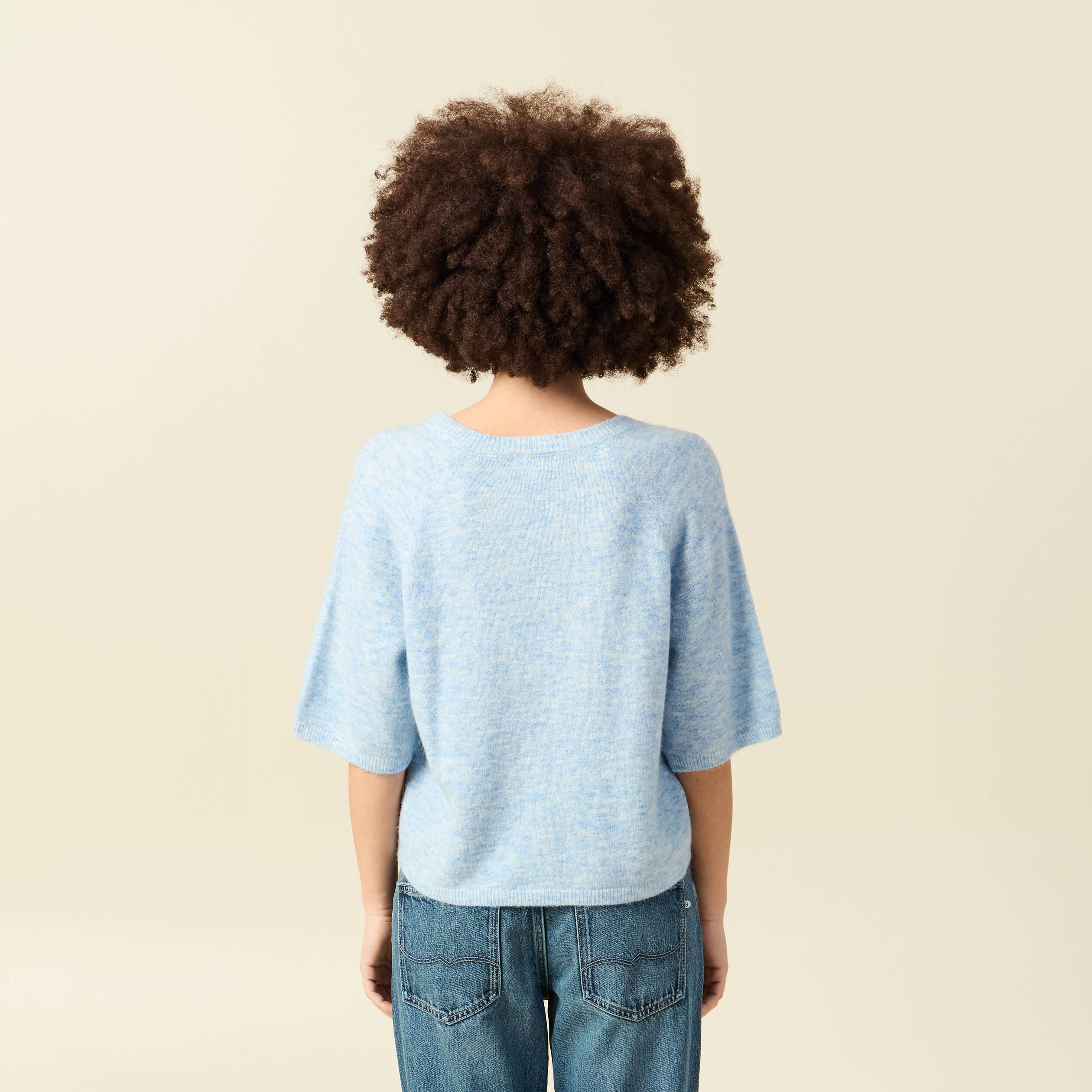 Pull col v manches 3/4 bleu ciel femme