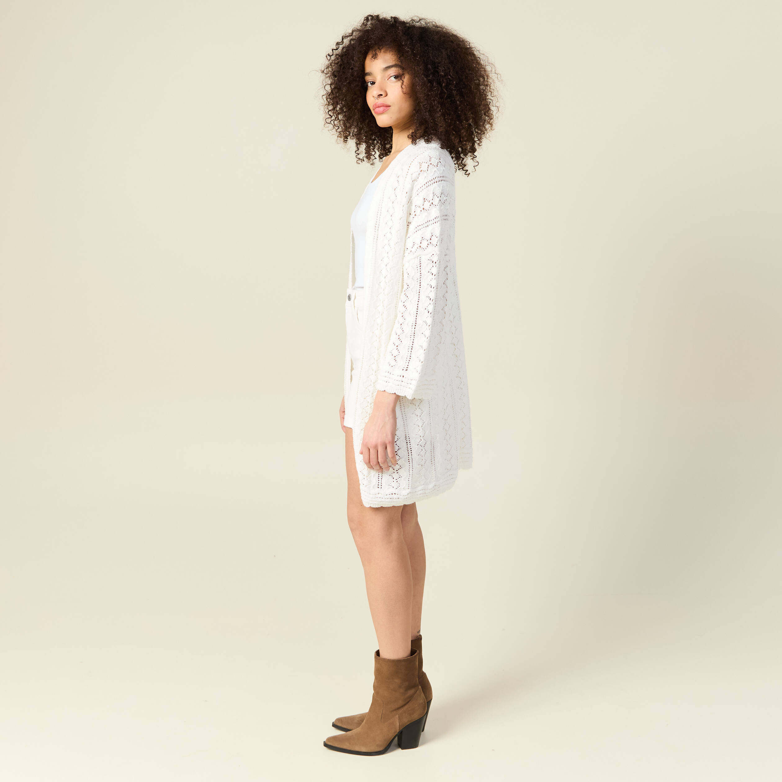 Gilet long ajour&eacute; ecru femme