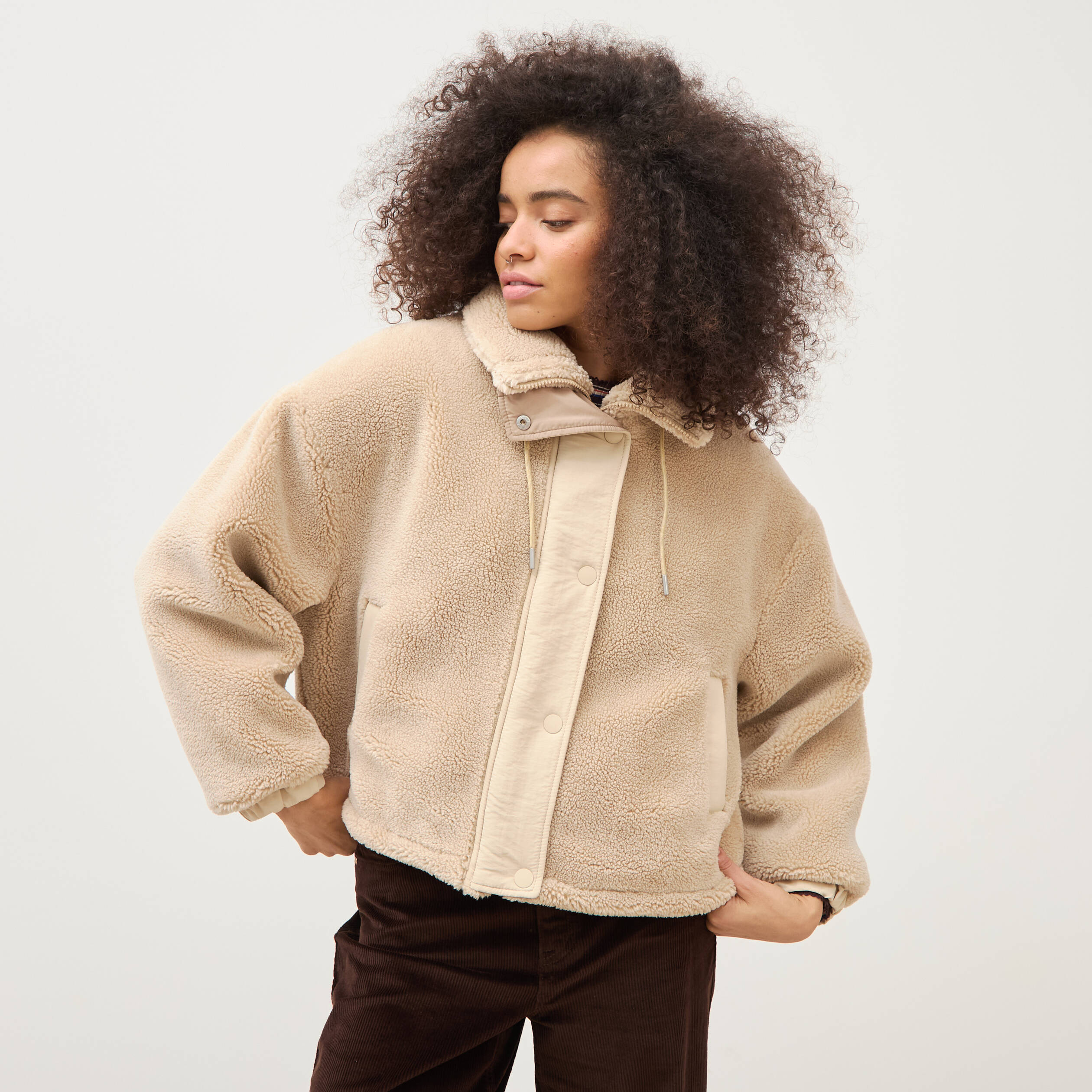 Veste oversize effet polaire col montant creme femme