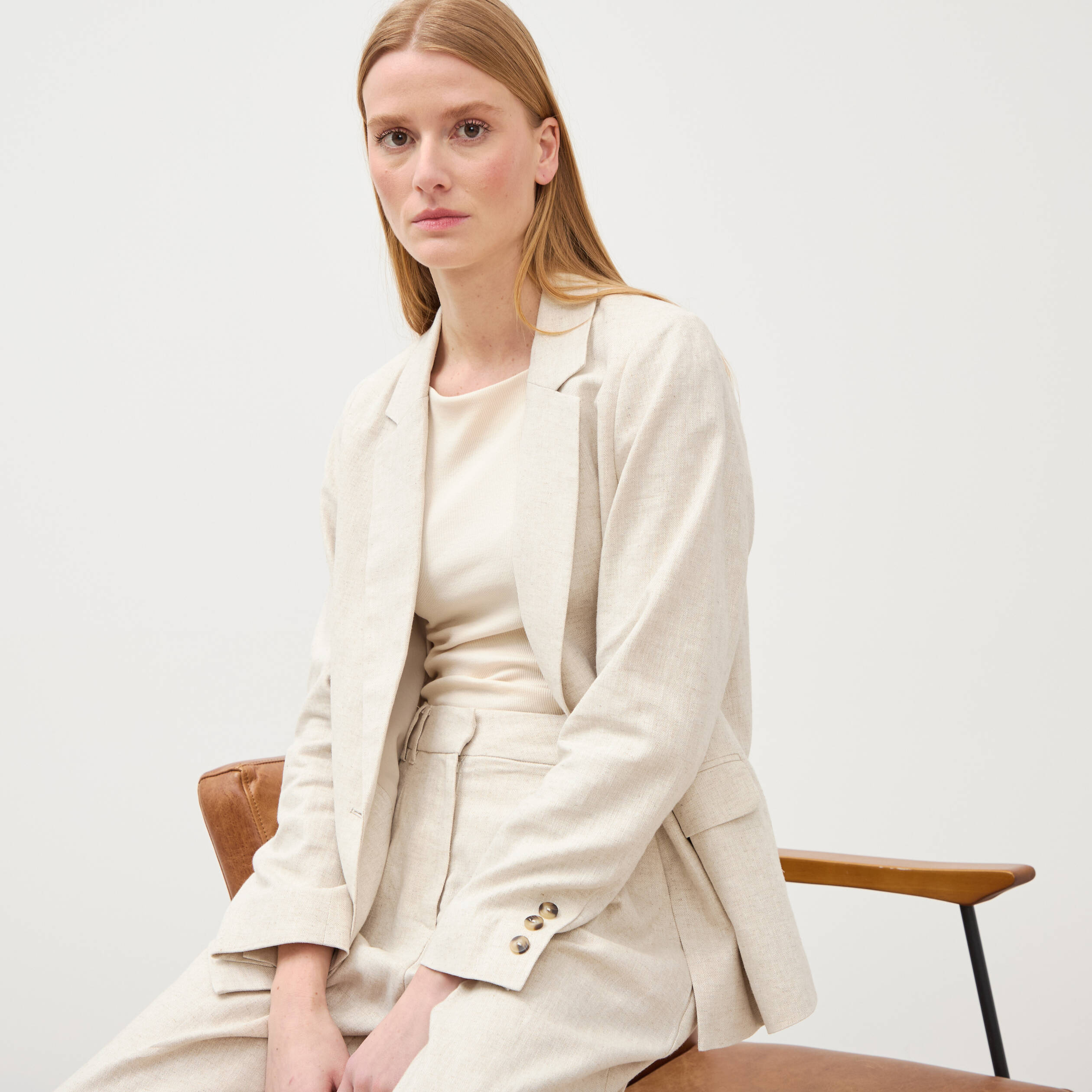 Blazer manches longues col tailleur sable femme