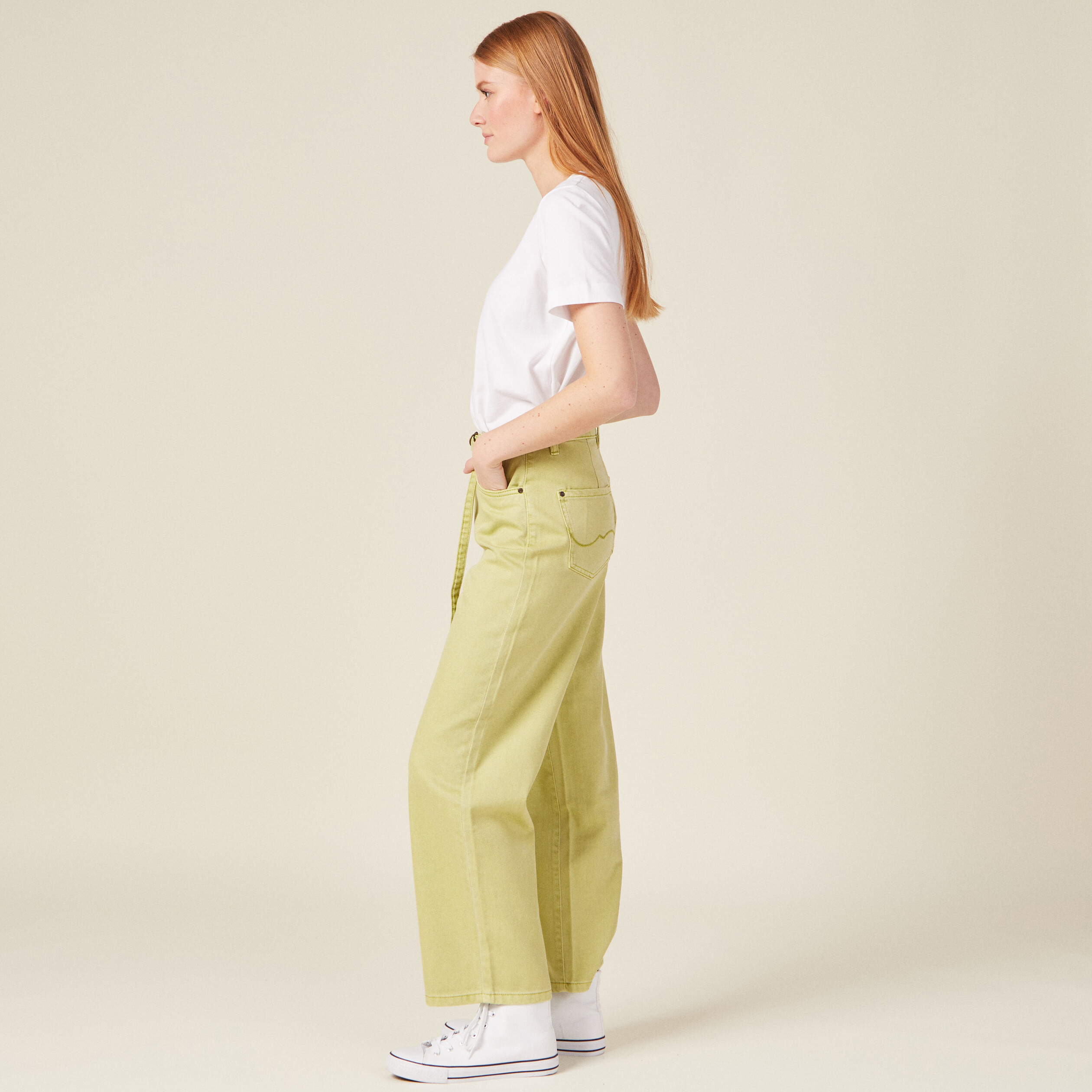 Pantalon large éco-responsable vert anis femme
