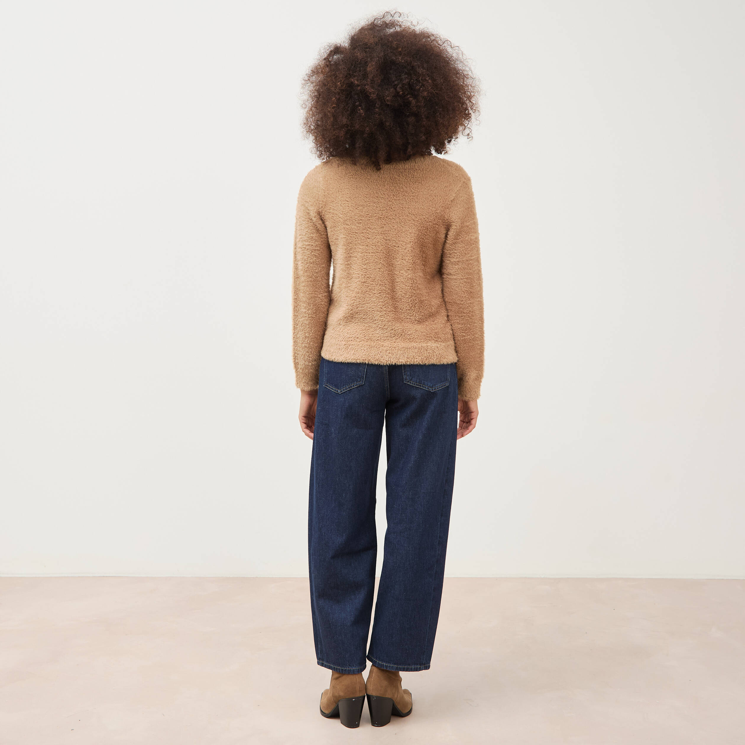 Pull droit col v manches longues camel femme