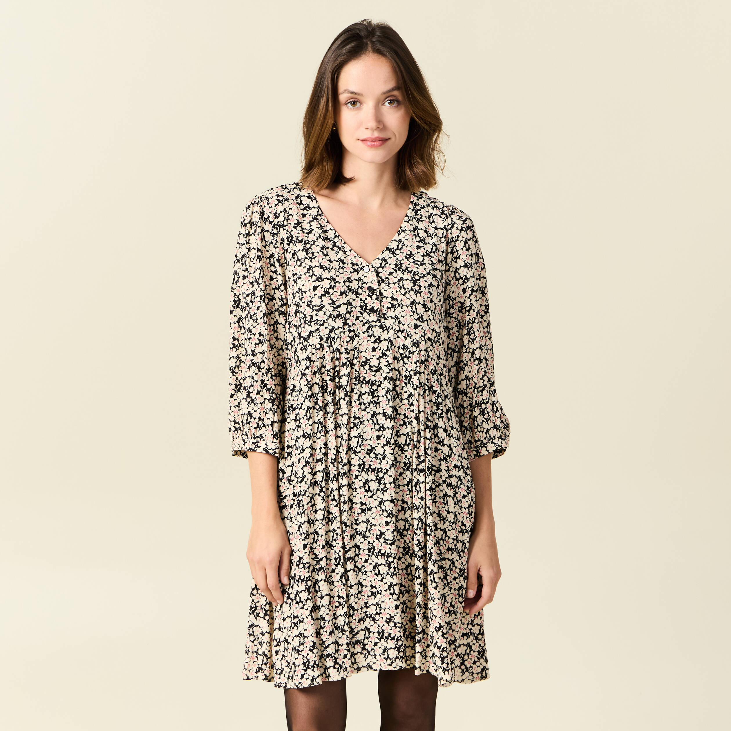 Robe évasée manches 3/4 noir femme