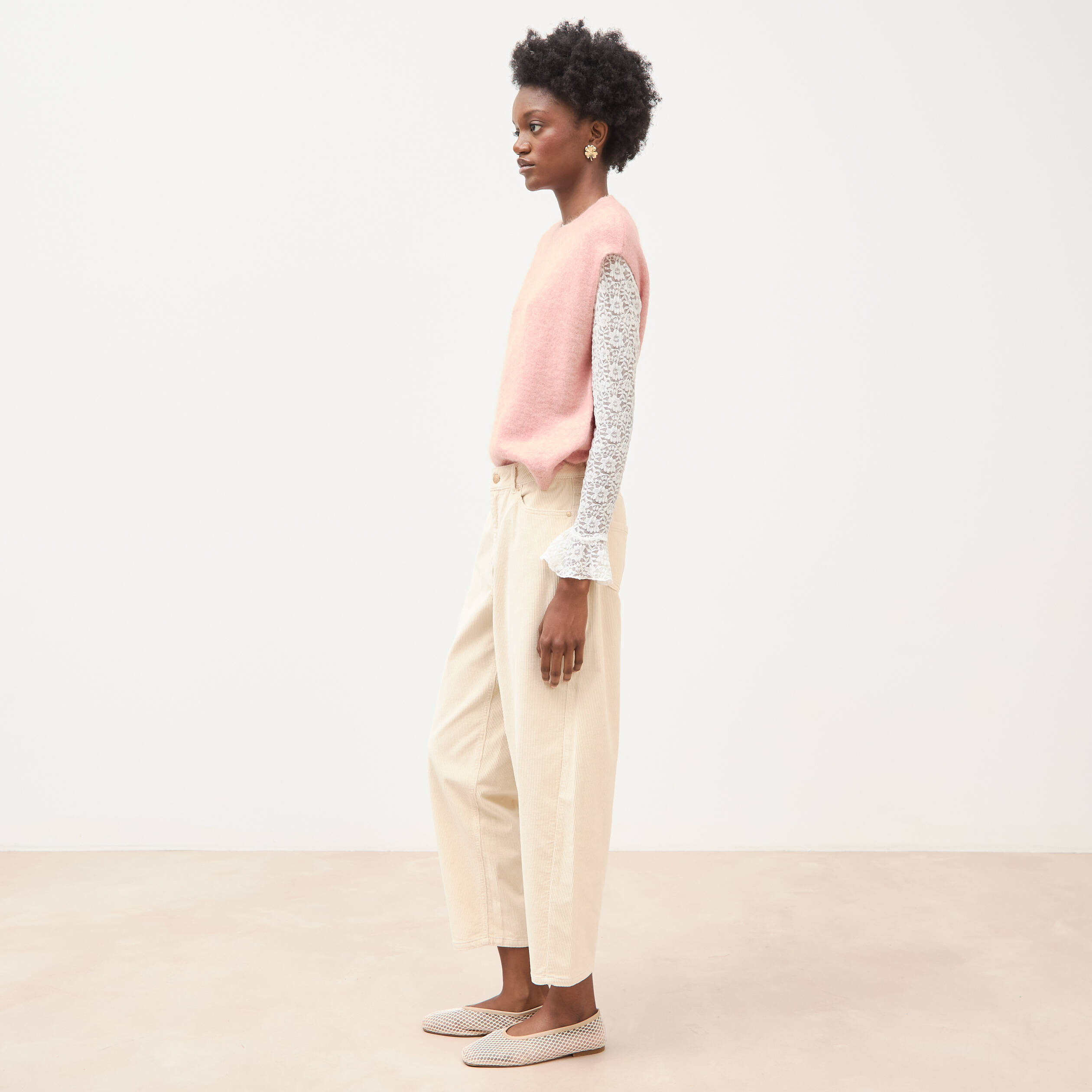 Pantalon barrel taille haute velours ivoire femme