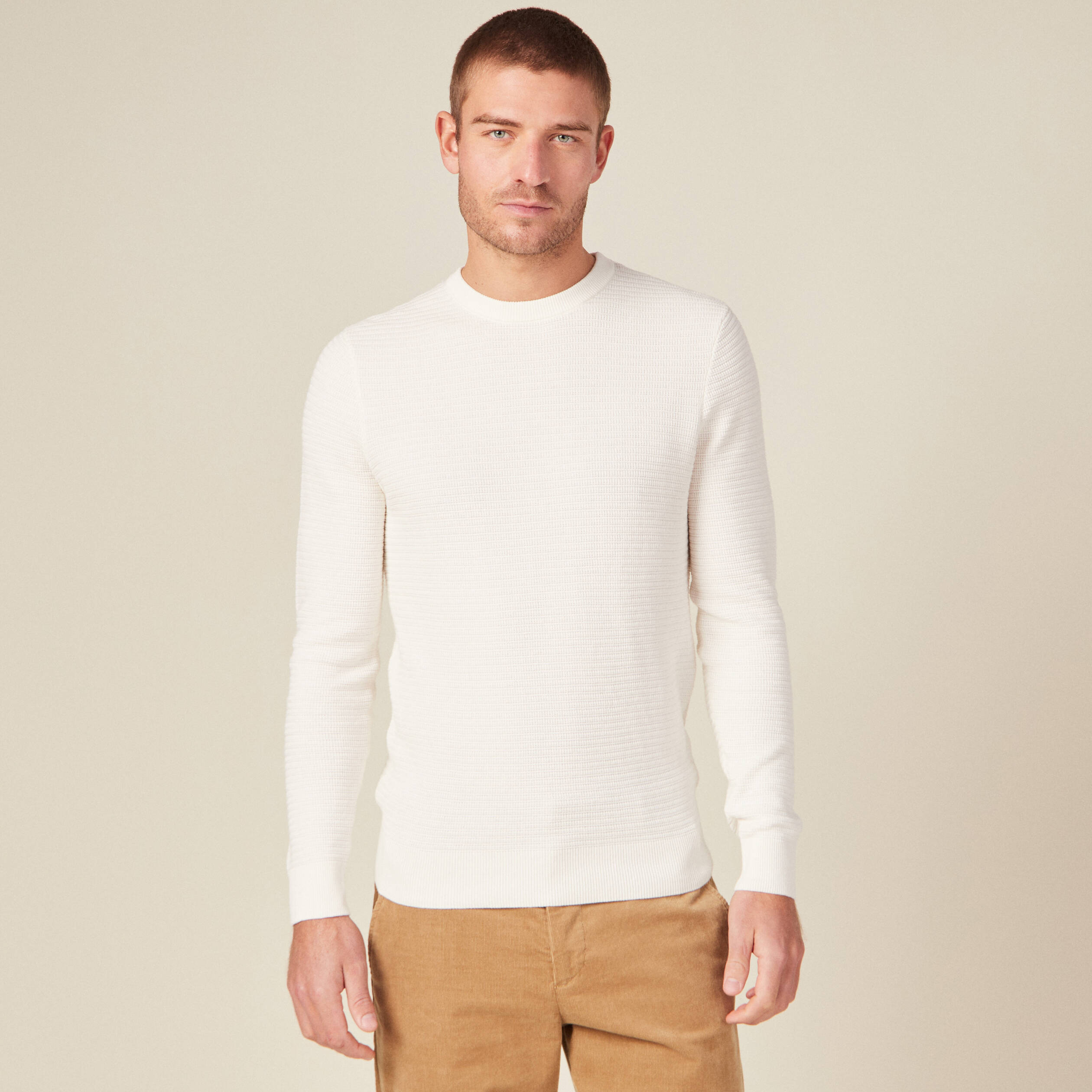Pull manches longues col rond ecru homme