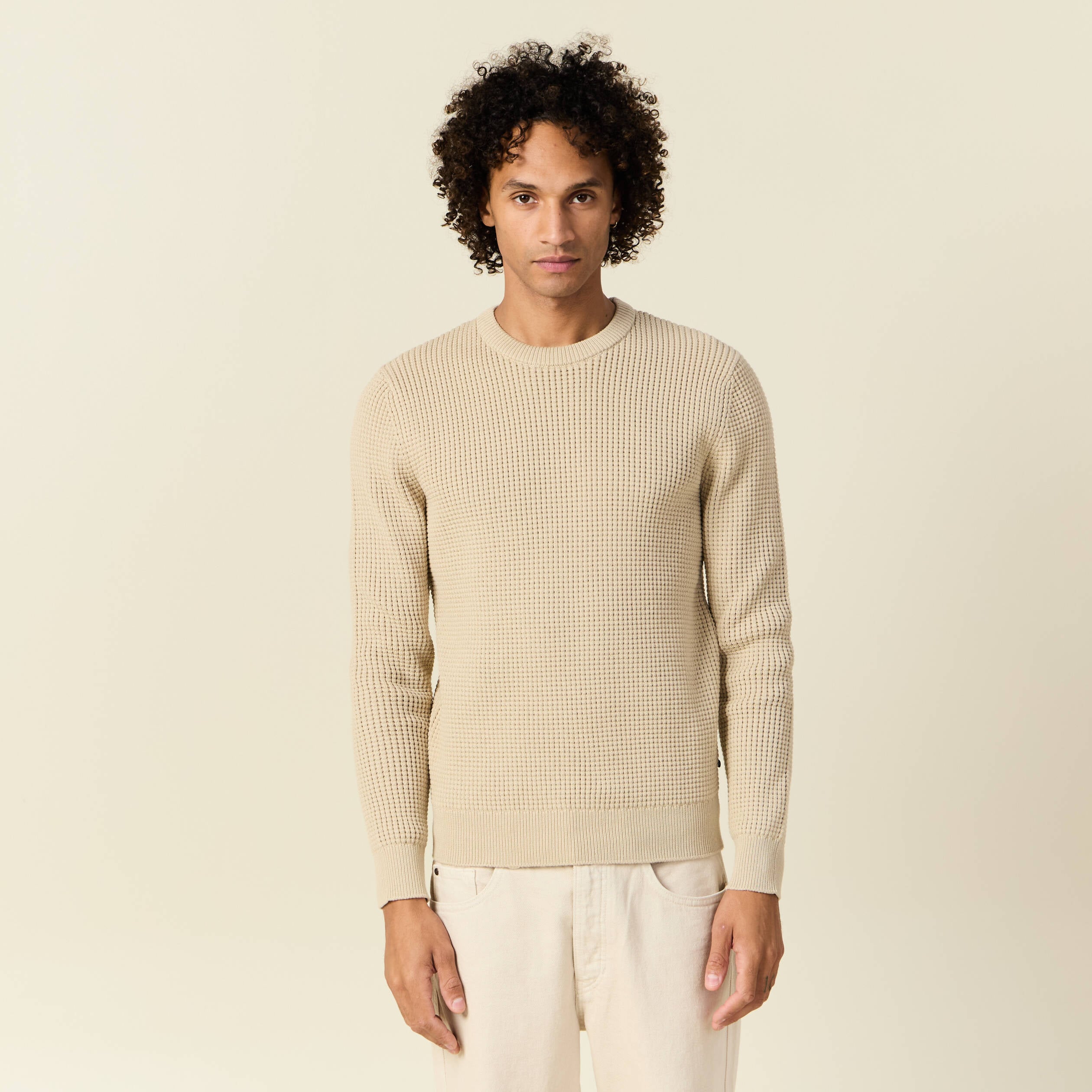 Pull manches longues col rond sable homme