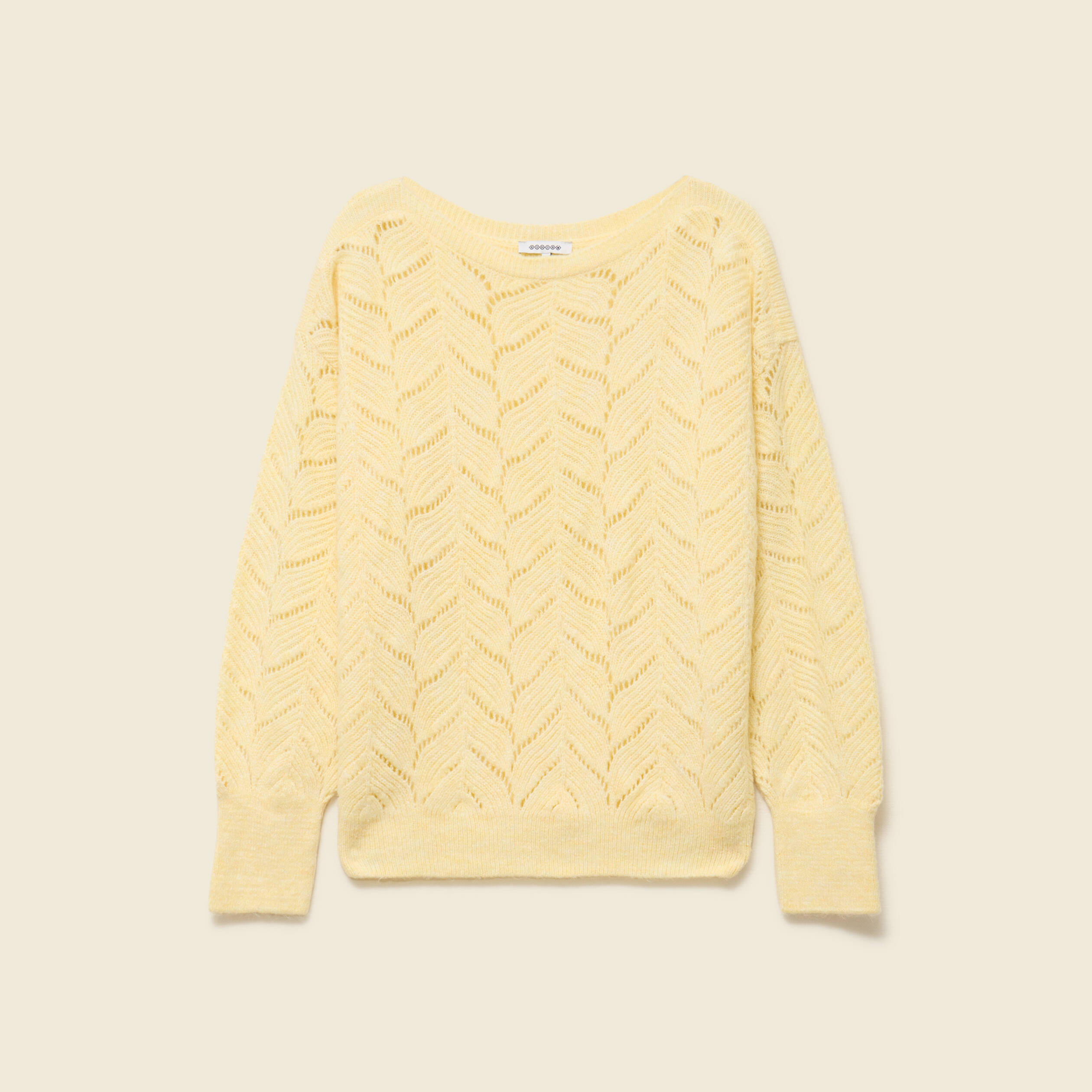 Pull ajour&eacute; col bateau manches longues jaune clair femme
