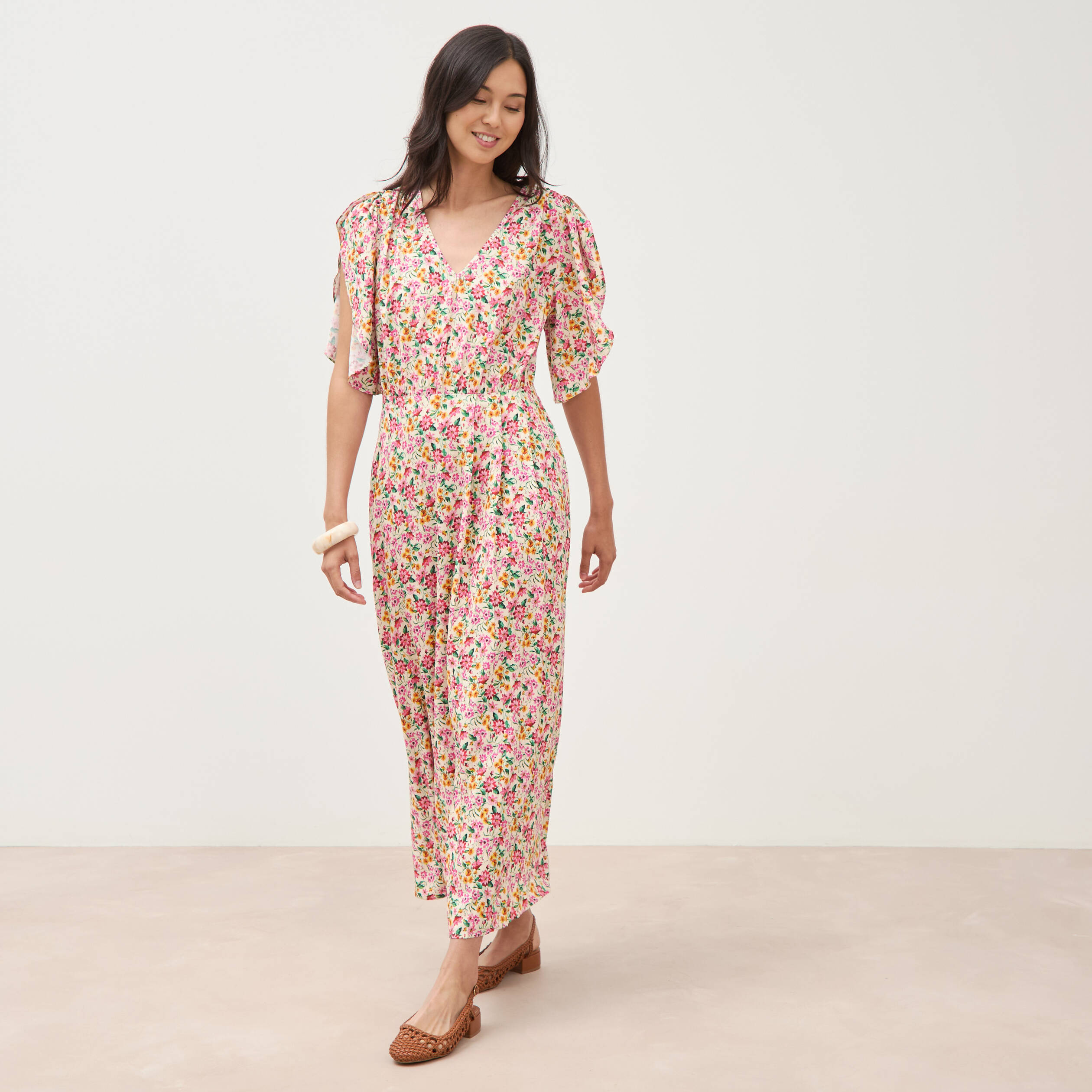 Robe fluide col v manches courtes multicolore femme