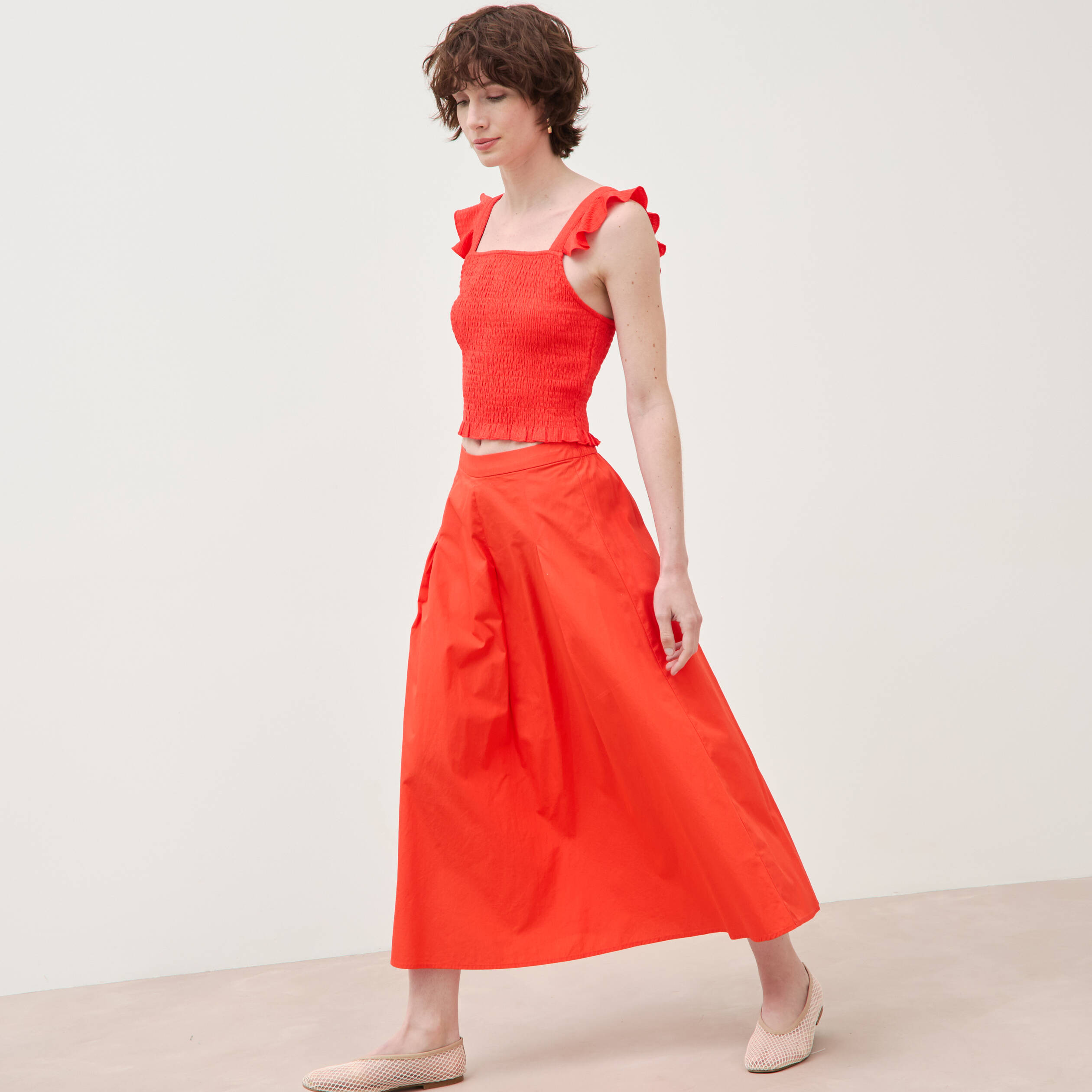 Jupe longue &eacute;vas&eacute;e en coton ray&eacute; orange fonc&eacute; femme