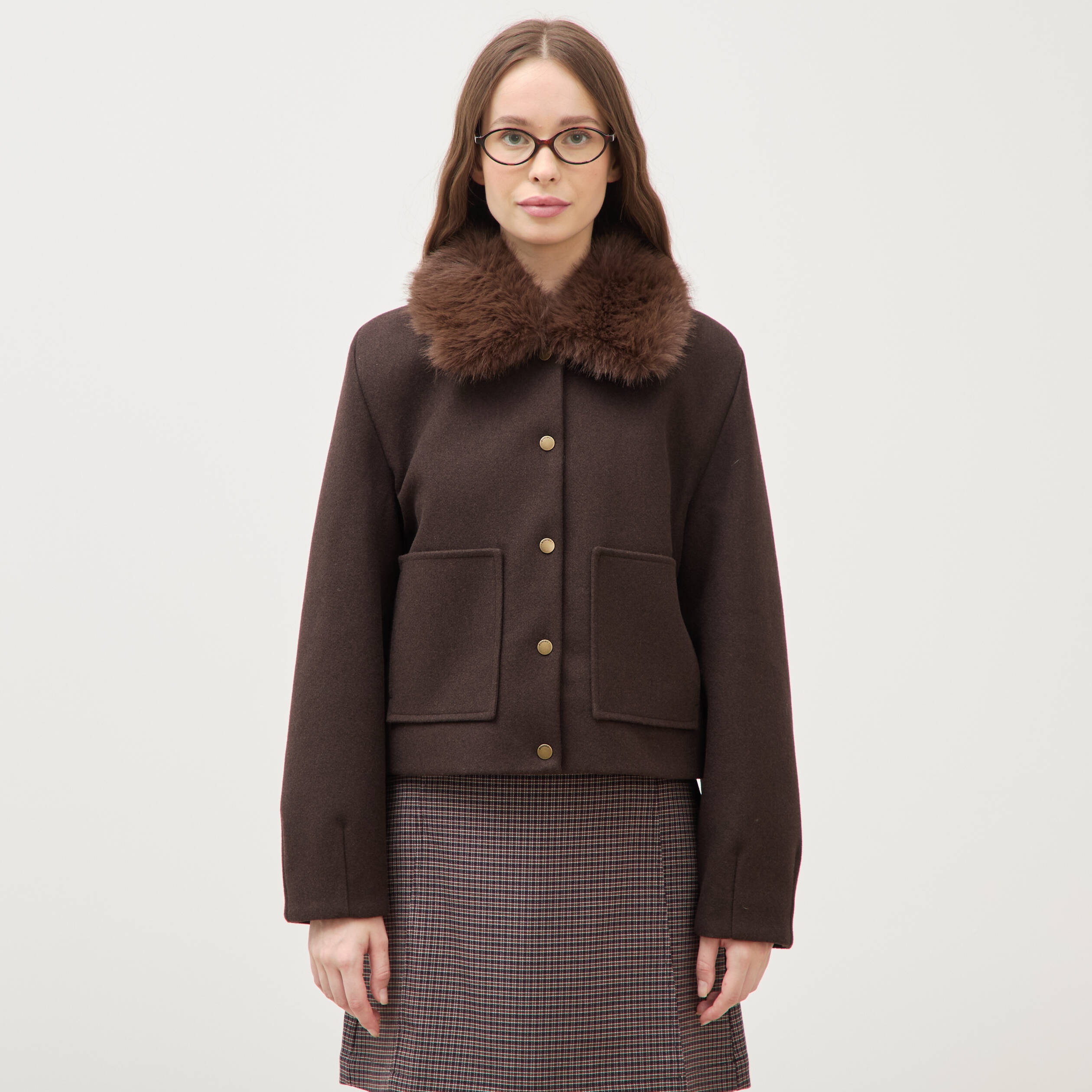 Blouson court oversize col sherpa marron fonc&eacute; femme