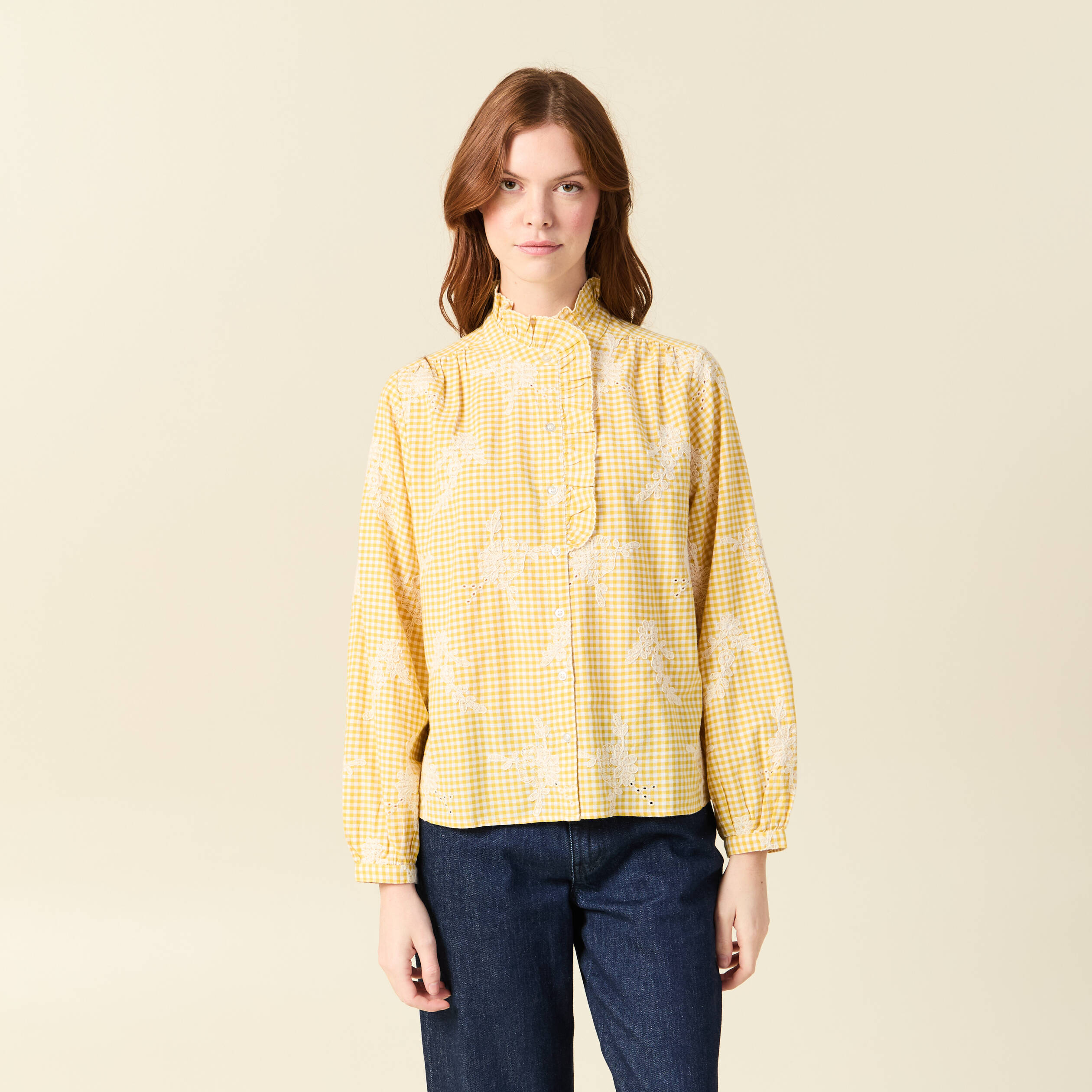 Chemise vichy manches longues en coton jaune femme