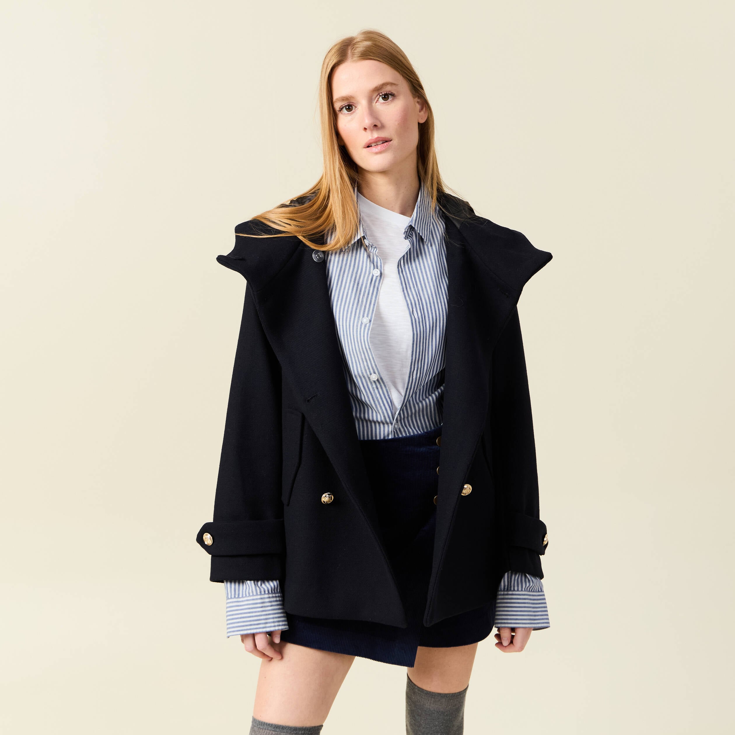 Caban oversize court &agrave; capuche bleu fonc&eacute; femme