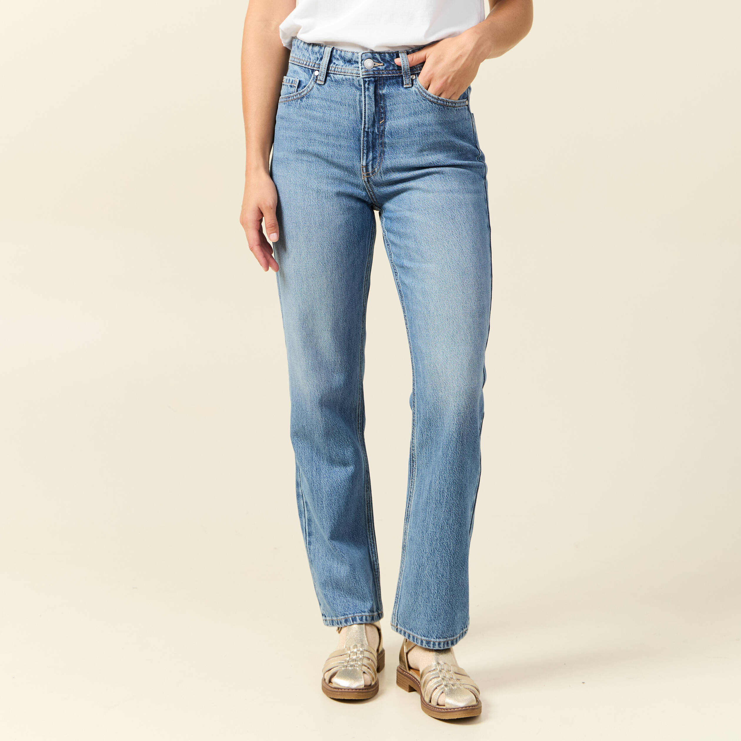 Jeans straight taille haute 7/8&egrave;me bleu femme