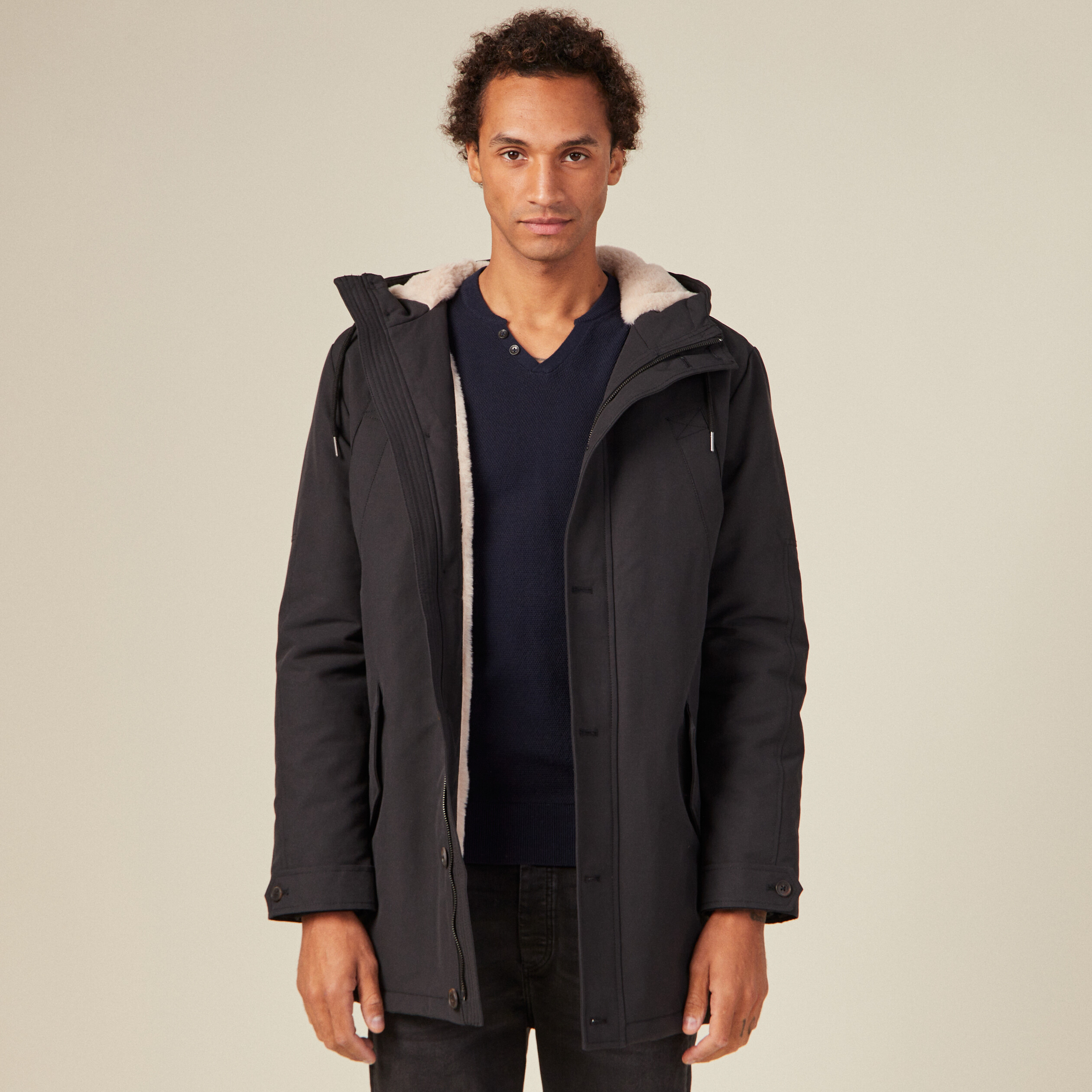 Parka droite à capuche noir homme