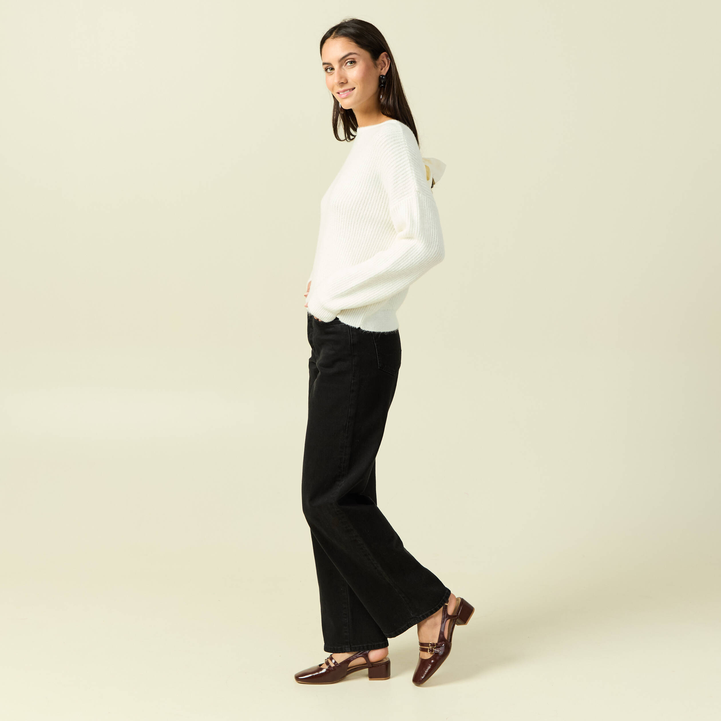 Pull col rond manches longues ecru femme