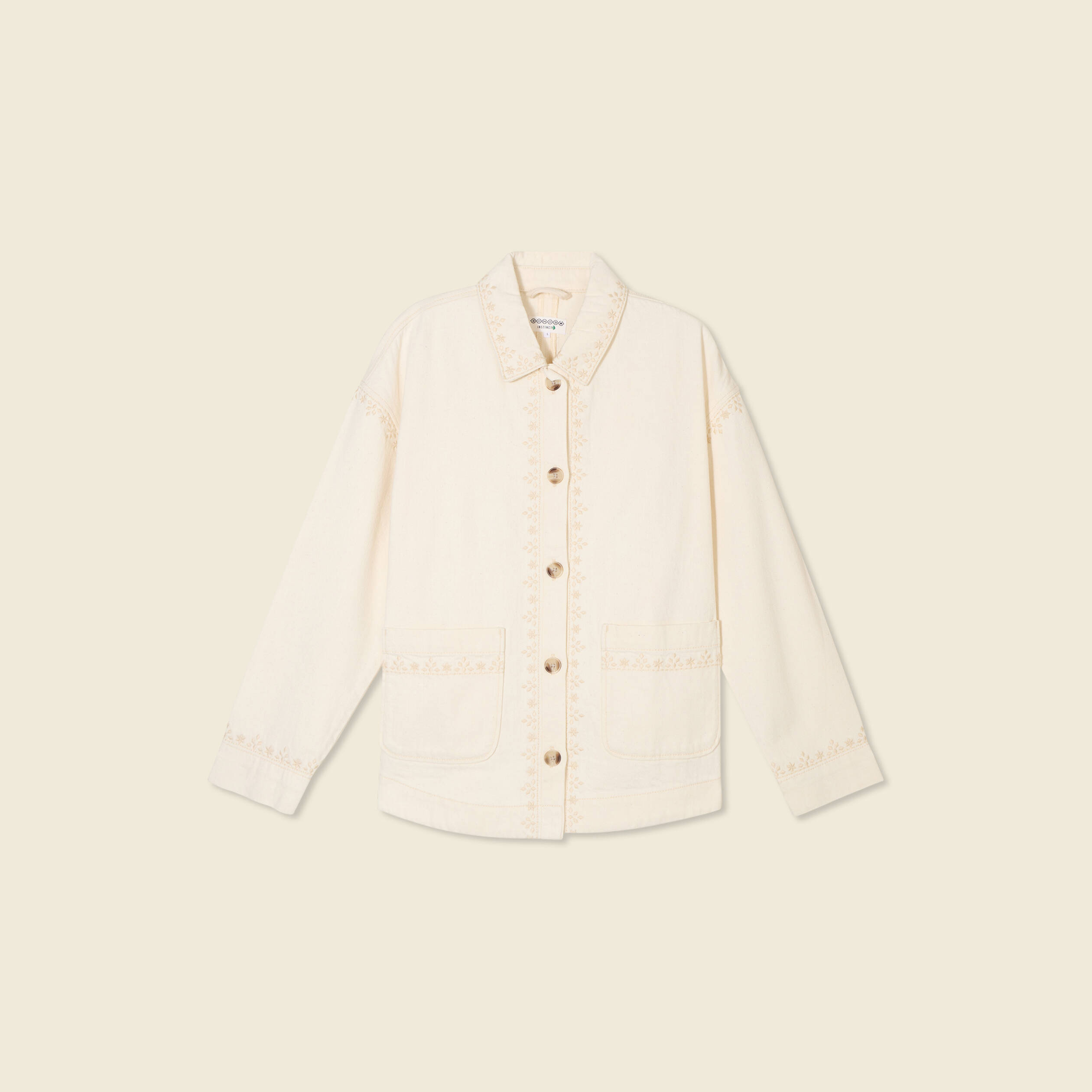 Blouson boutonn&eacute; brod&eacute; denim blanc femme