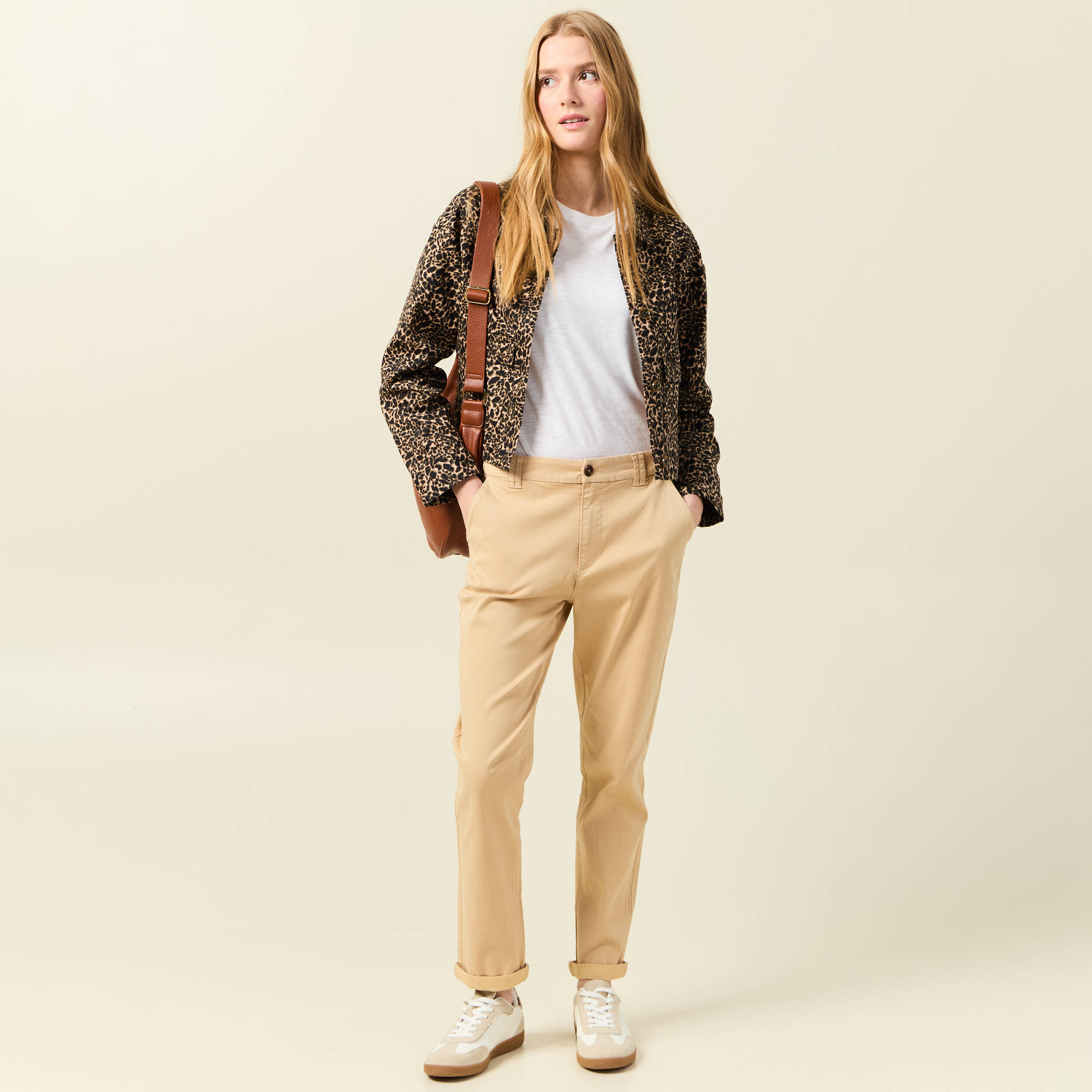 Pantalon chino cigarette beige femme